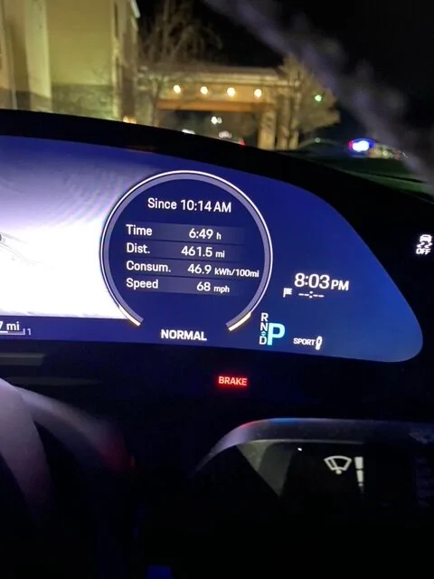 Porsche Taycan 450 miles today with an eMountain bike on the roof, and cold temps. --  efficiency info image0