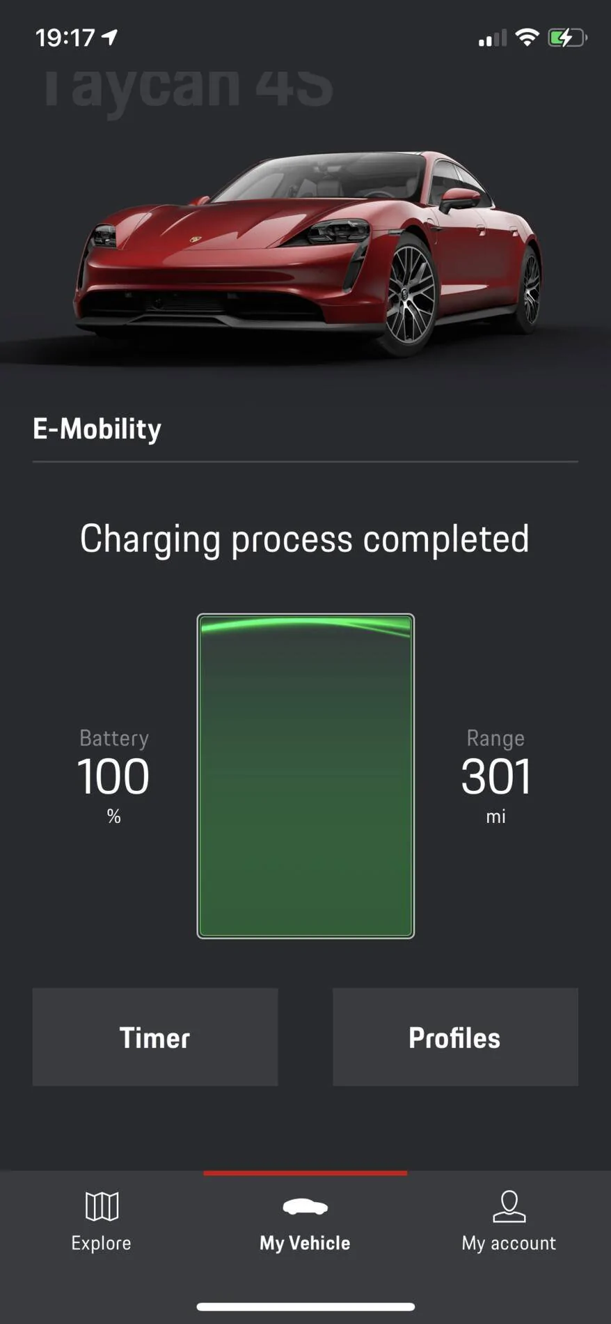 Porsche Taycan 100% charge showing 175 mile range 69A1E186-D61F-4EE1-8F61-E40BA3EFE398