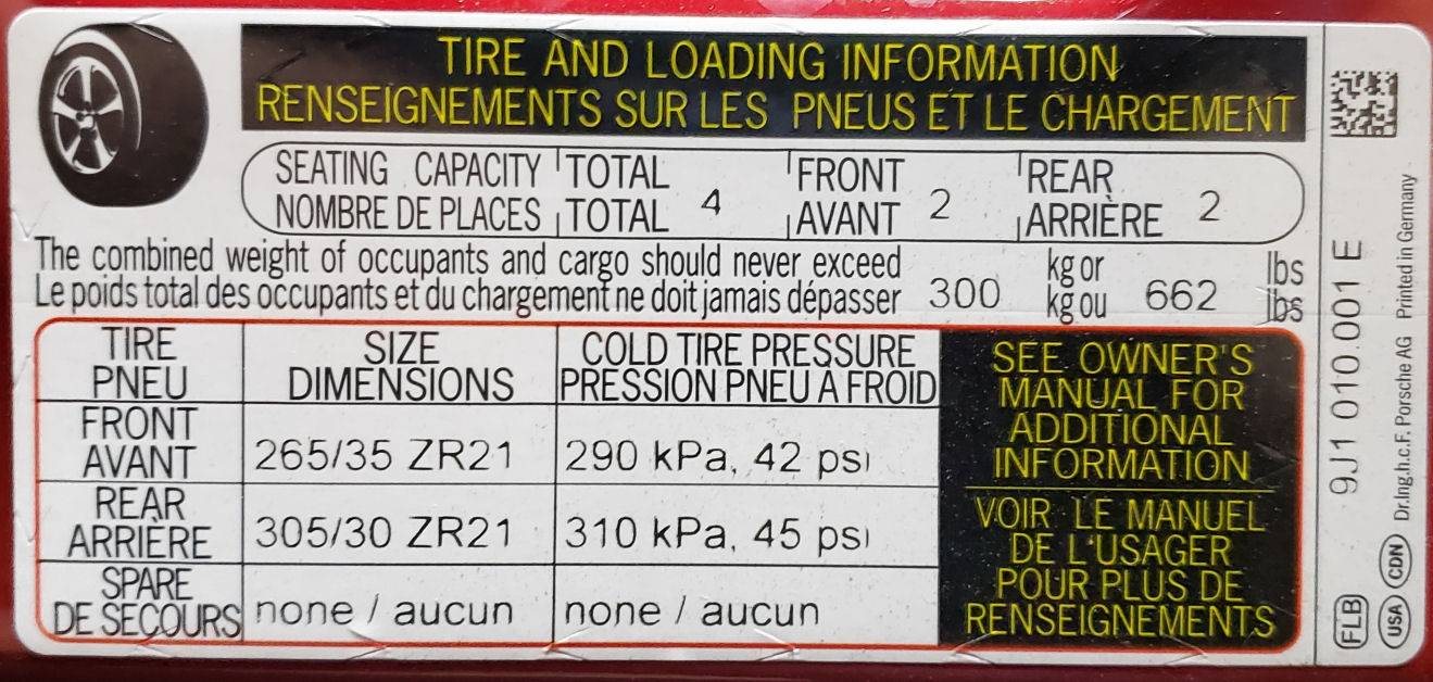 Porsche Taycan Consumption and full battery charge level Tire Pressures