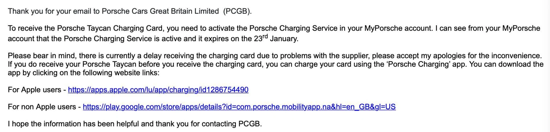 Porsche Taycan Delay issuing physical Taycan Charing Cards Screenshot 2021-01-25 at 17.28.23