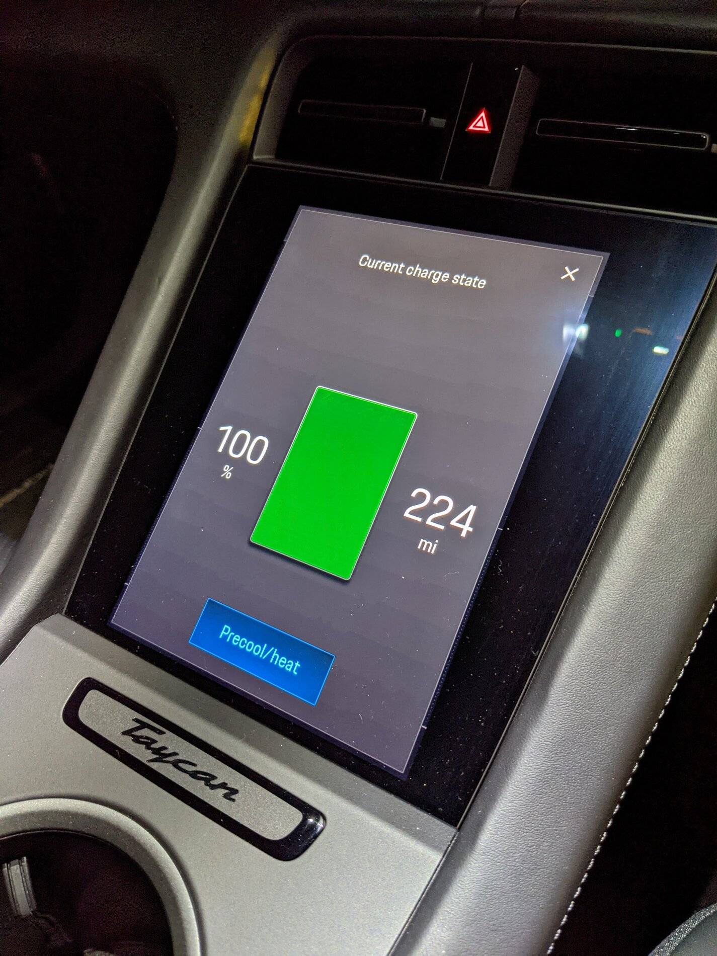 Porsche Taycan 100% charge showing 175 mile range PXL_20210131_201116968