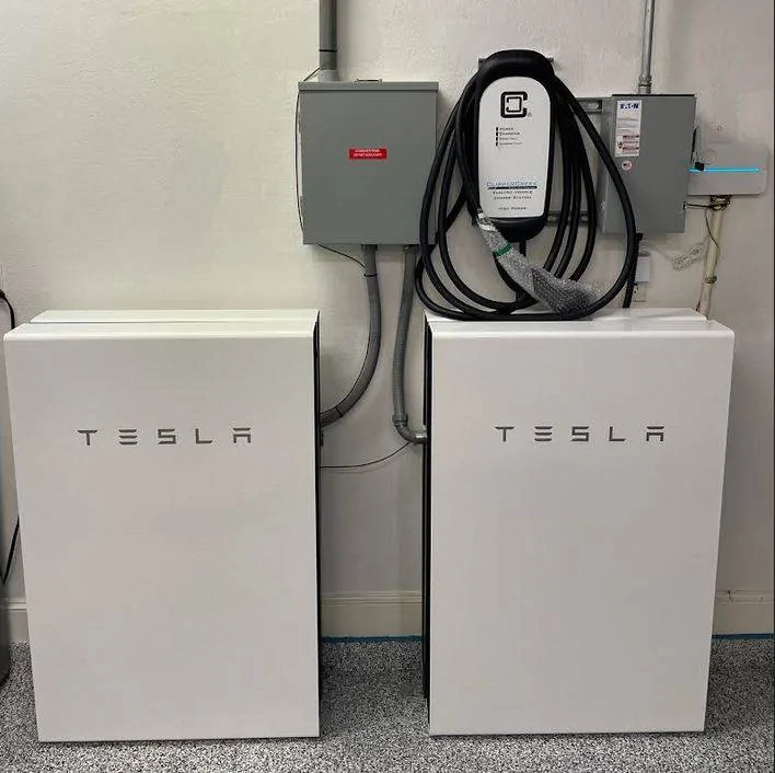 Porsche Taycan Show your home charging setup for your Taycan Tesla Powerwalls and Clipper Creek HCS-60R charging station