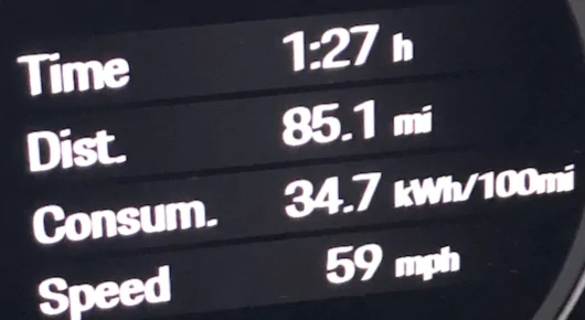 Porsche Taycan 85mi drive comparing range - Range Mode going and Sport+ returning 1616934676280