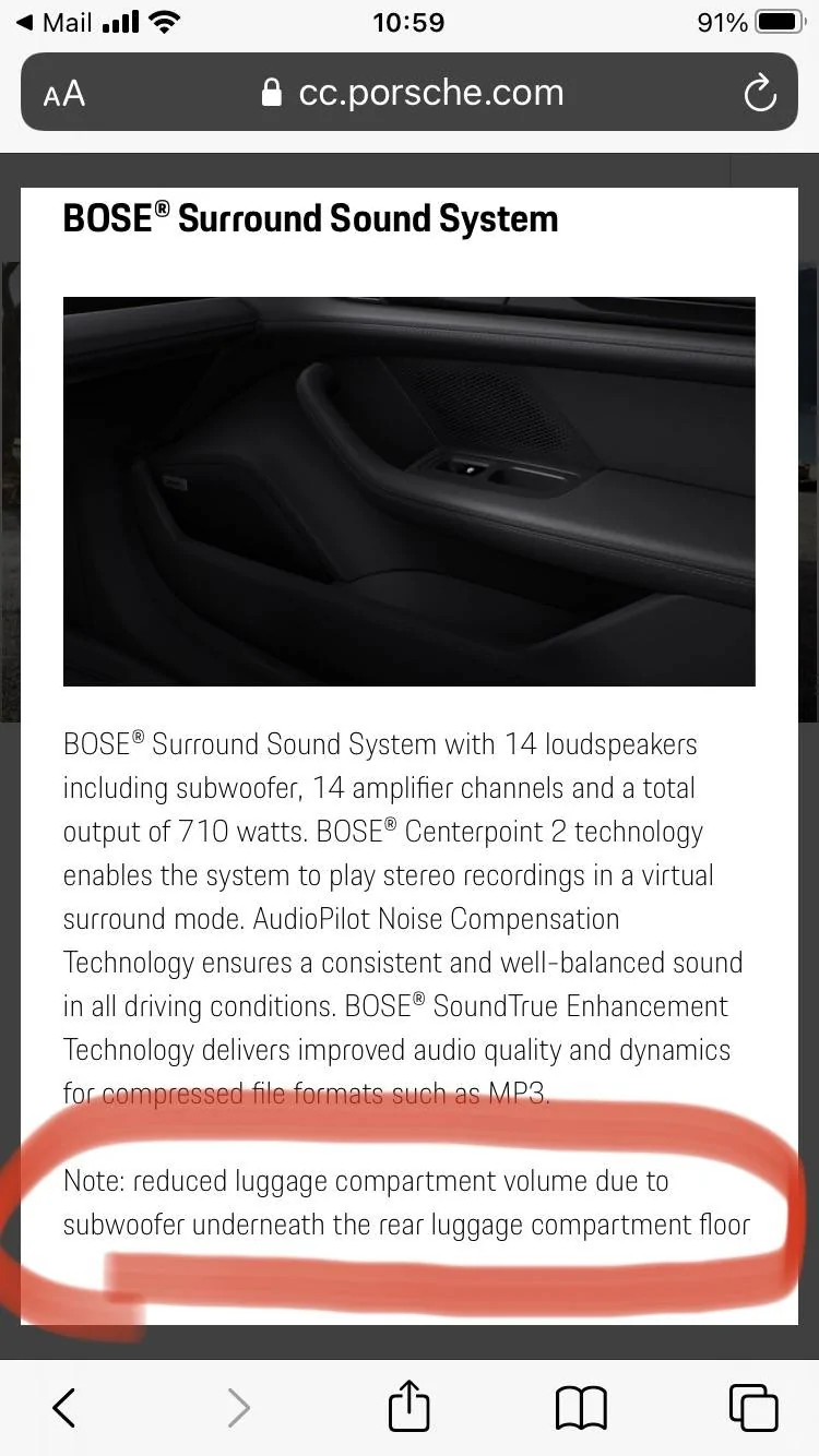 Porsche Taycan BOSE: reduced luggage compartment volume 0A97A73B-1FE5-445C-B957-104882110BA6