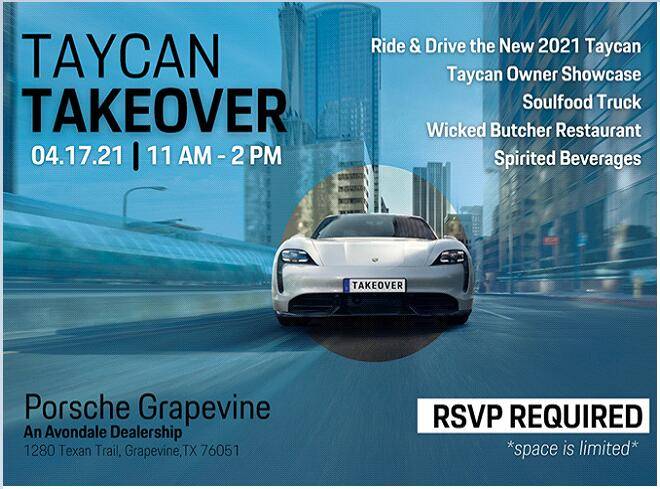 Porsche Taycan TAYCAN TAKEOVER EVENT - APRIL 17th from 11AM-2PM Takeover