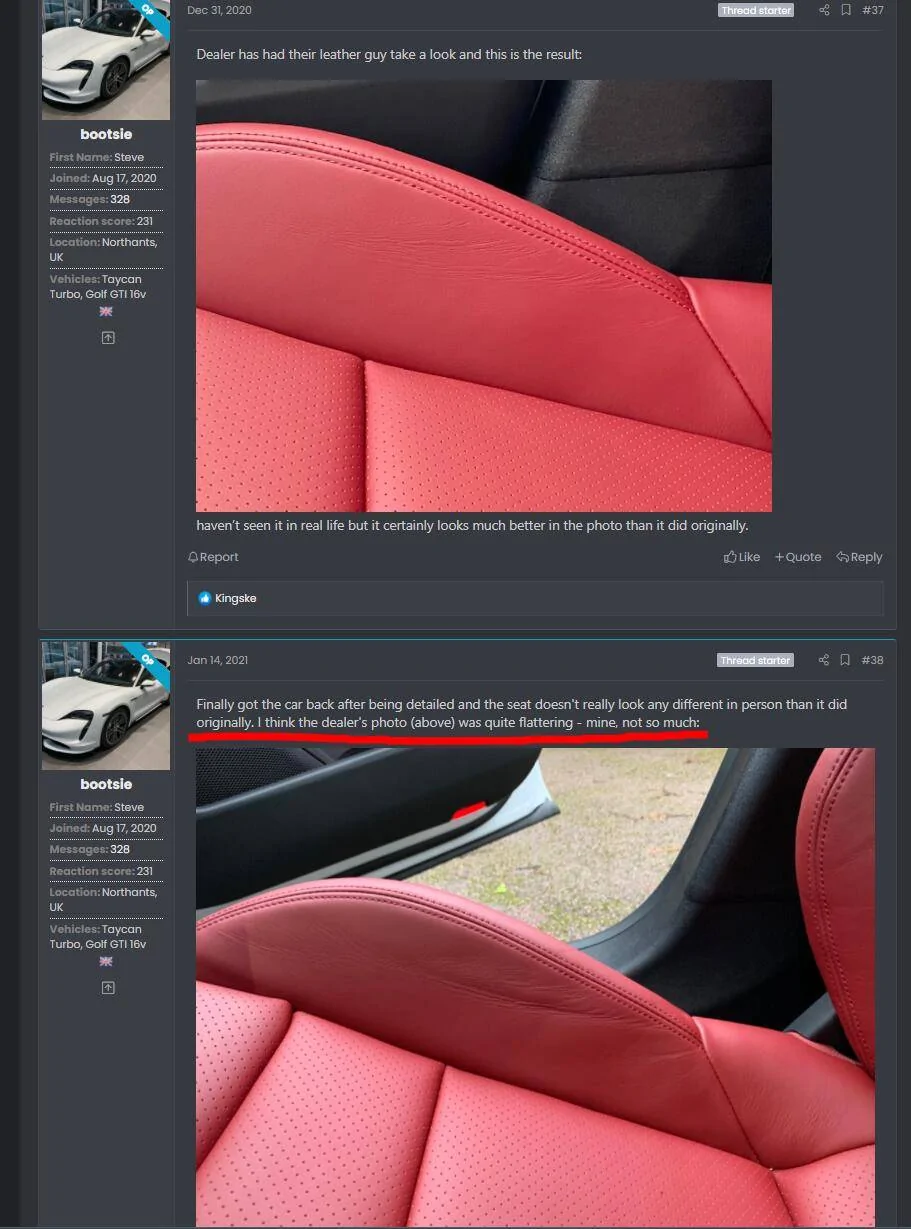 Porsche Taycan Fixing leather creases on the seat bolsters? 1622139440450