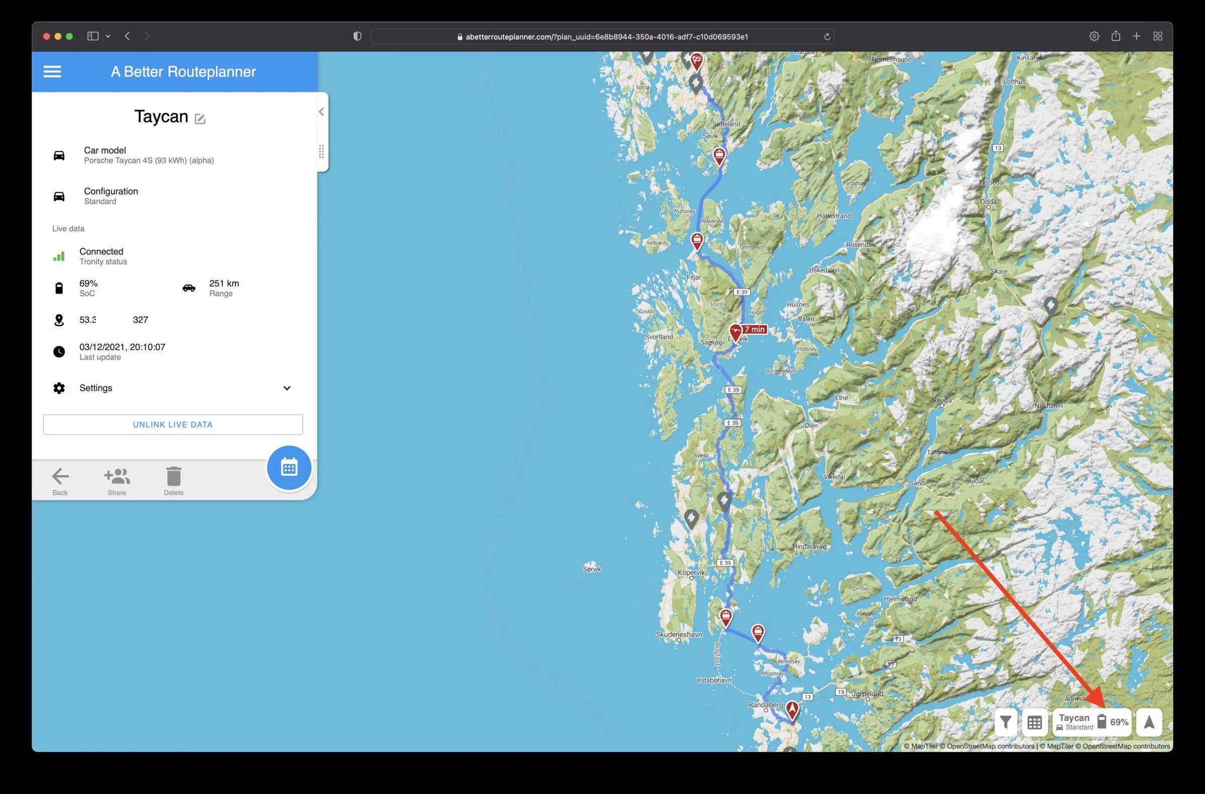 Porsche Taycan Porsche Charging Planner/A Better Route Planner Screenshot 2021-12-03 at 20.10.57