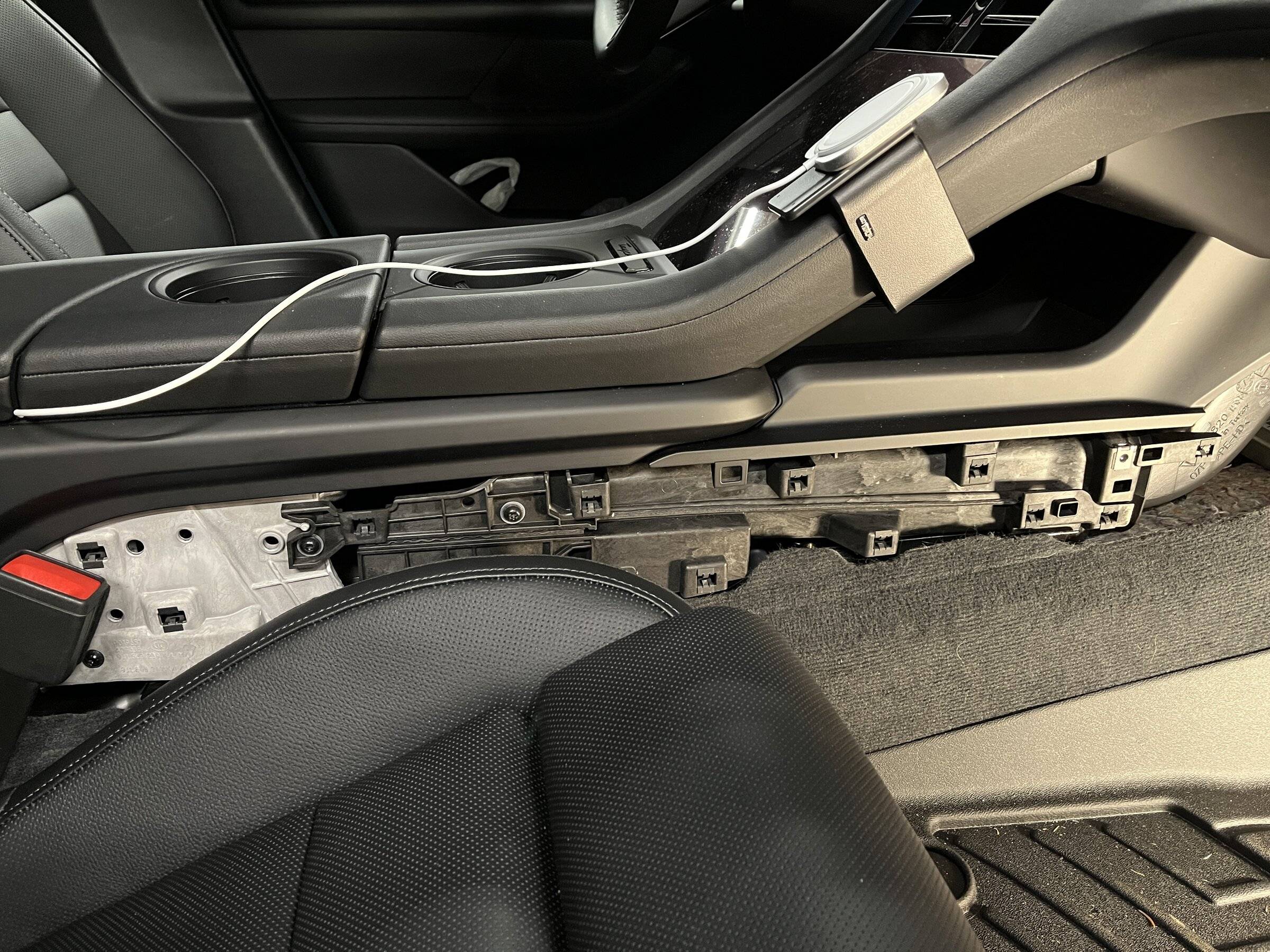 Porsche Taycan Routing Magsafe cable from passenger side of console to USB C port ConsoleSidePanelsRemoved.JPG