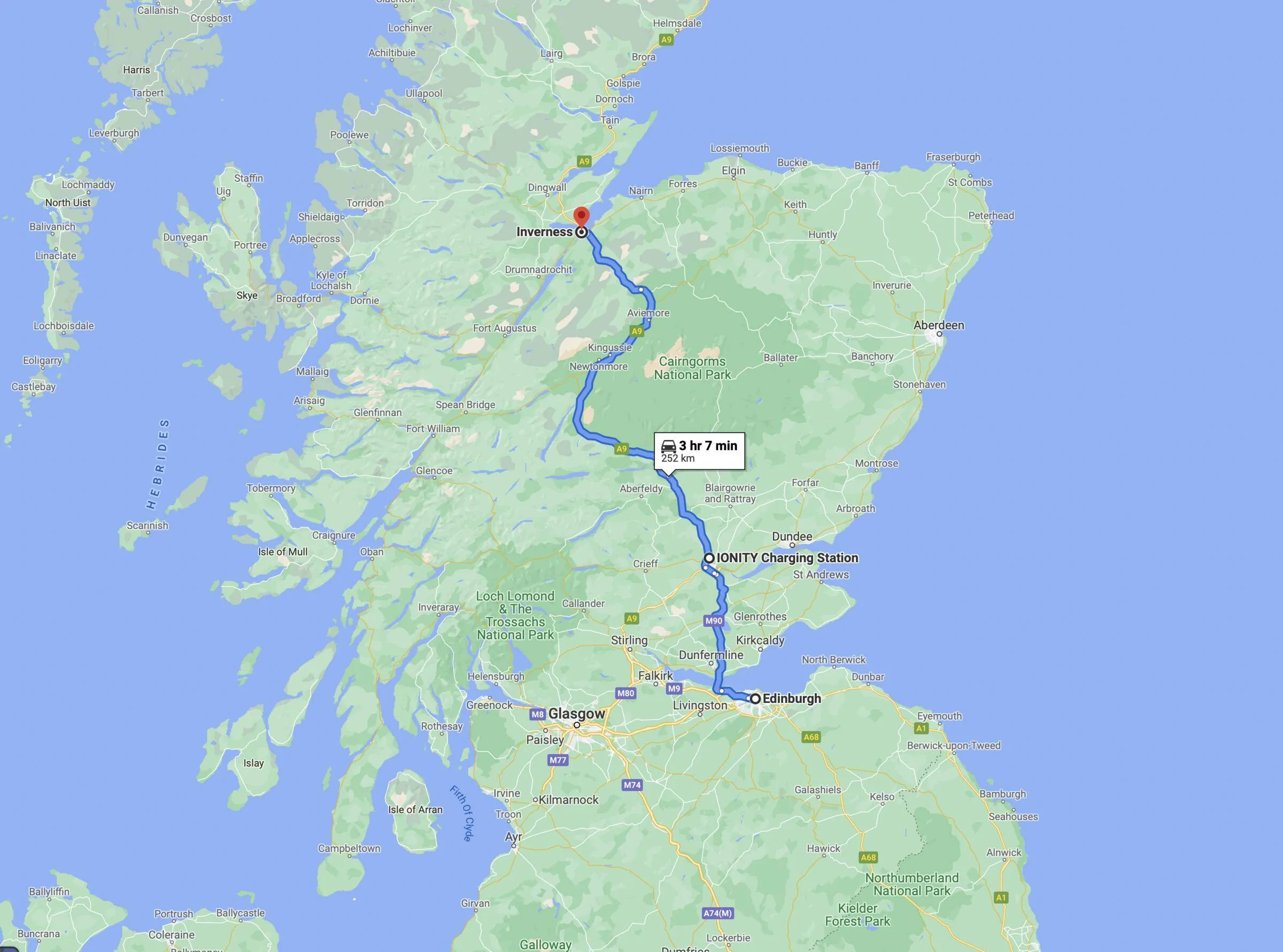 Porsche Taycan Winter 2021 road trip to Scotland Day 3 rout