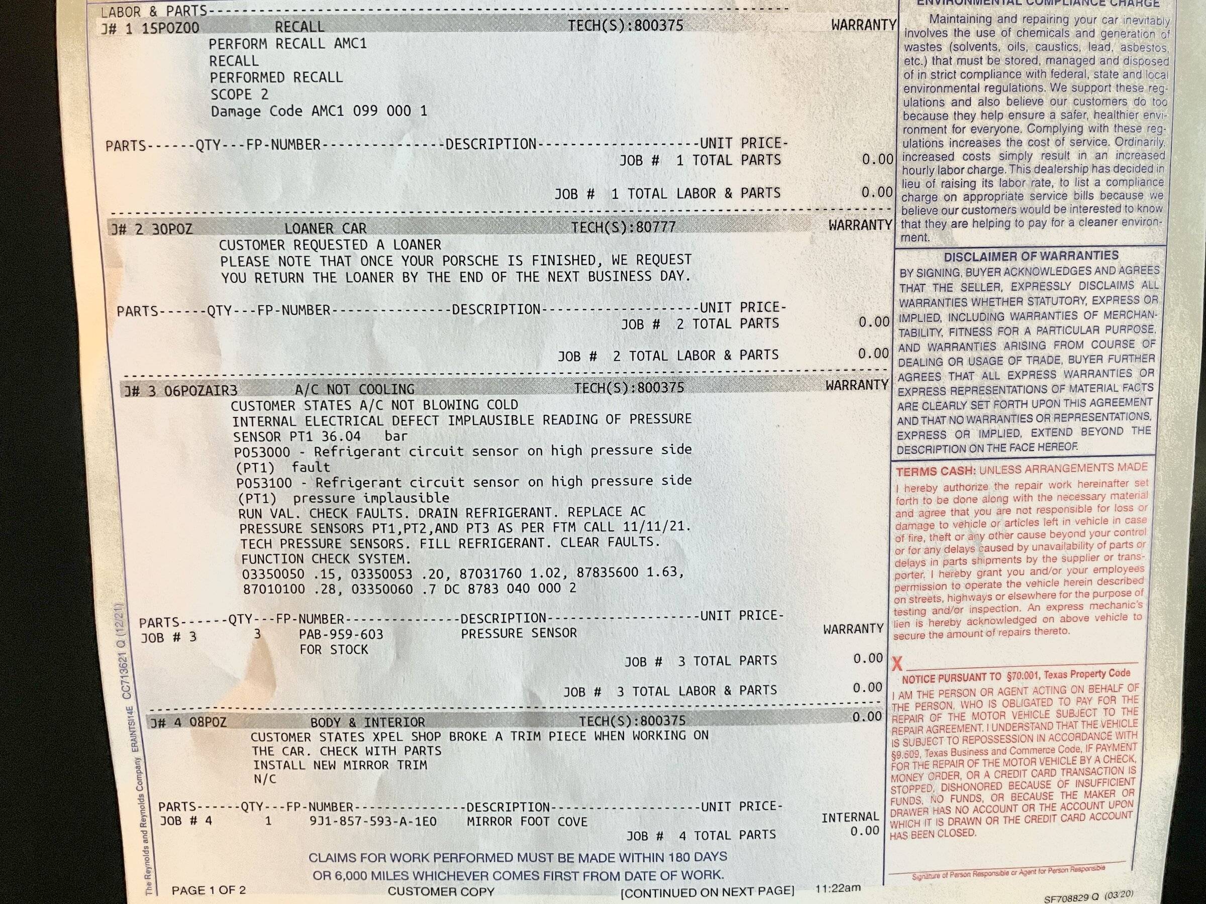 Porsche Taycan Air conditioning problem Taycan AC receipt 20211231