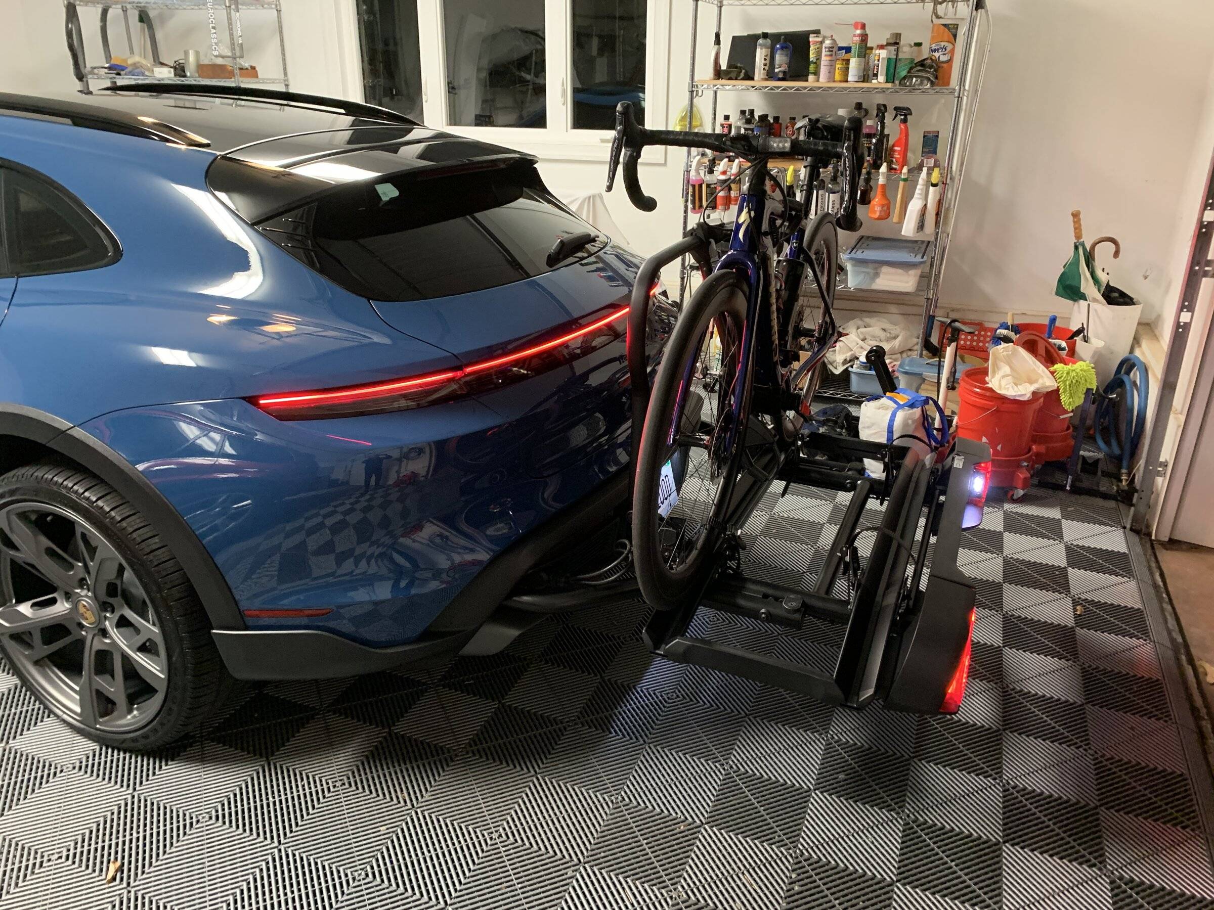 Porsche Taycan Custom Rear Bike Rack Installed with 1up Trays IMG_1078.JPG