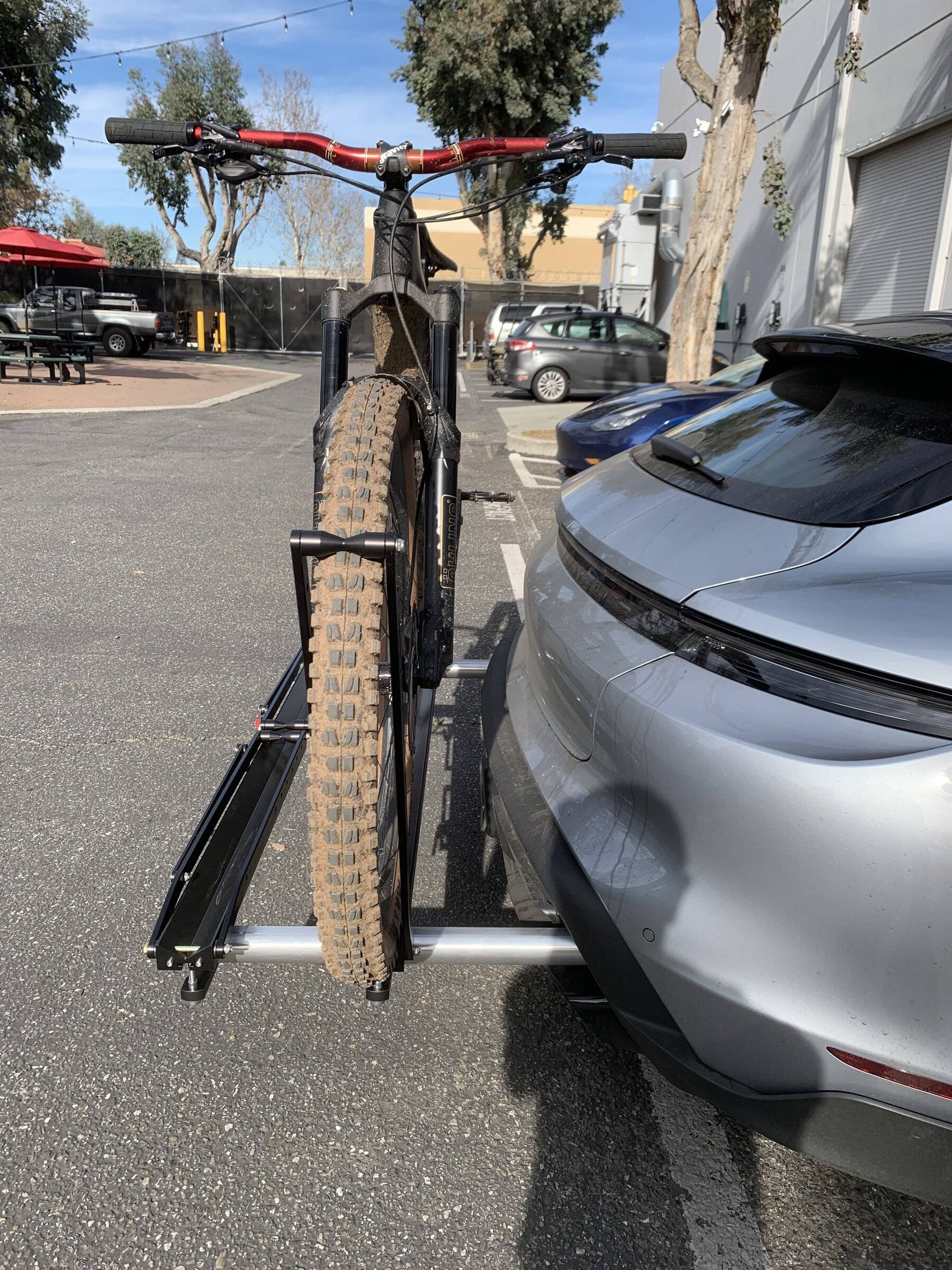 Porsche Taycan Custom Rear Bike Rack Installed with 1up Trays DBBF64DA-FCED-469D-8AF7-511851F47685
