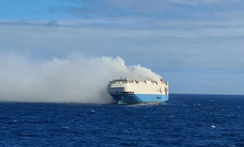 Porsche Taycan Felicity Ace ship on fire in the Atlantic carrying Porsches Felicity-Ace-on-fire-780x470