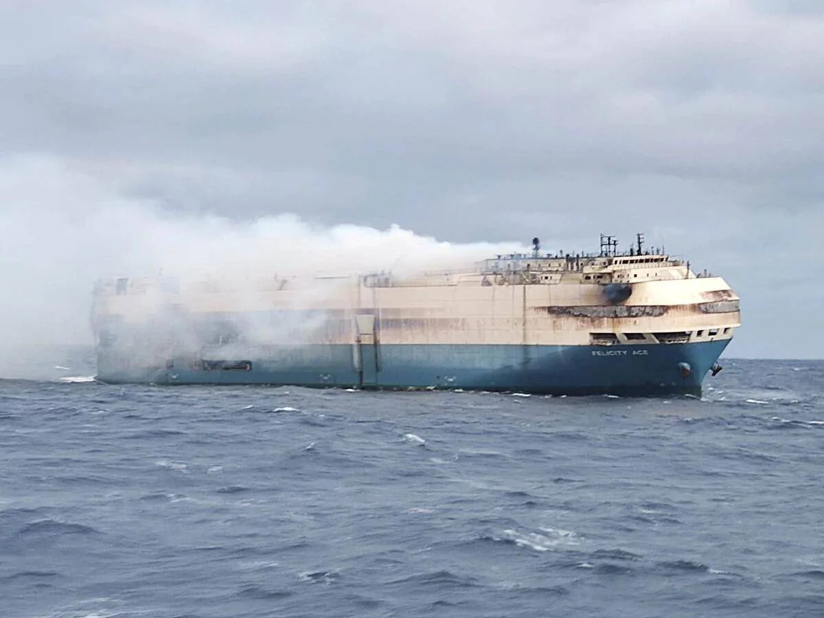 Porsche Taycan Felicity Ace ship on fire in the Atlantic carrying Porsches 1645222550715