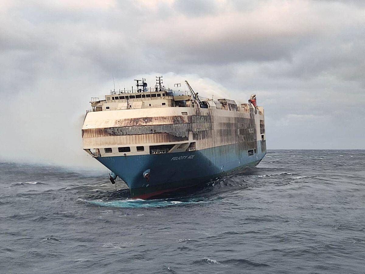 Porsche Taycan Felicity Ace ship on fire in the Atlantic carrying Porsches 1645223508612