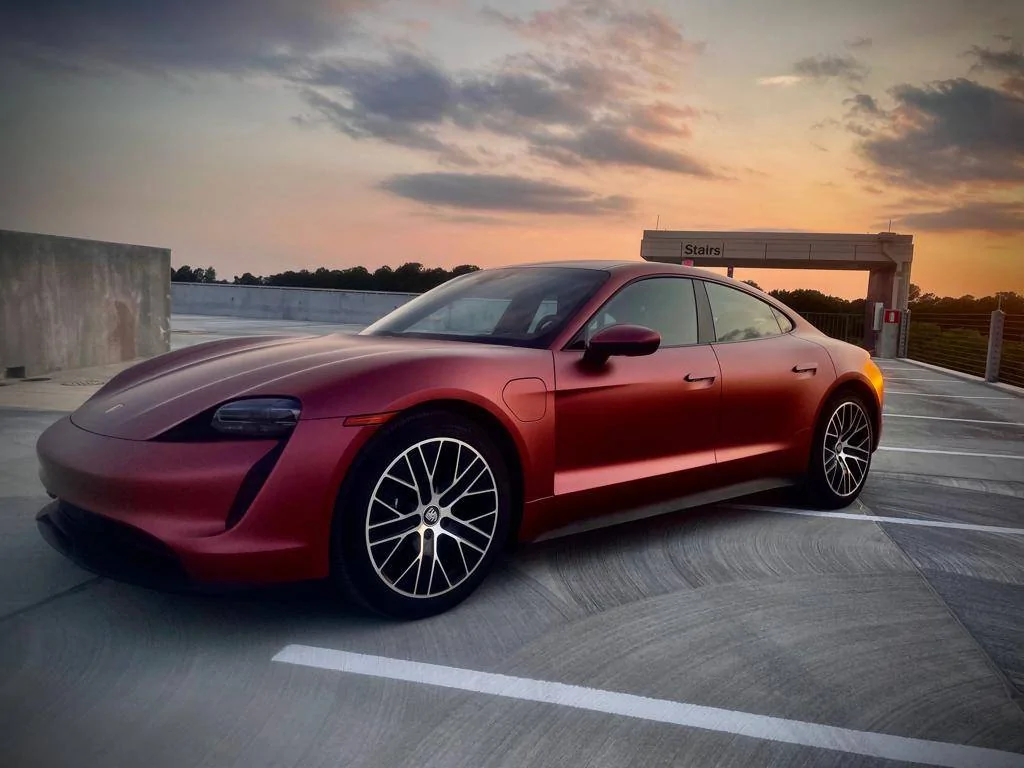 Porsche Taycan SOLD:  2021 Taycan (RWD), 15,277+ miles, KPMF Matte Russet Red Ceramic Coated Wrap over Jet Black Metallic Paint/Black, Chapel Hill, NC  $91,900 WhatsApp Image 2022-06-16 at 3.04.02 PM
