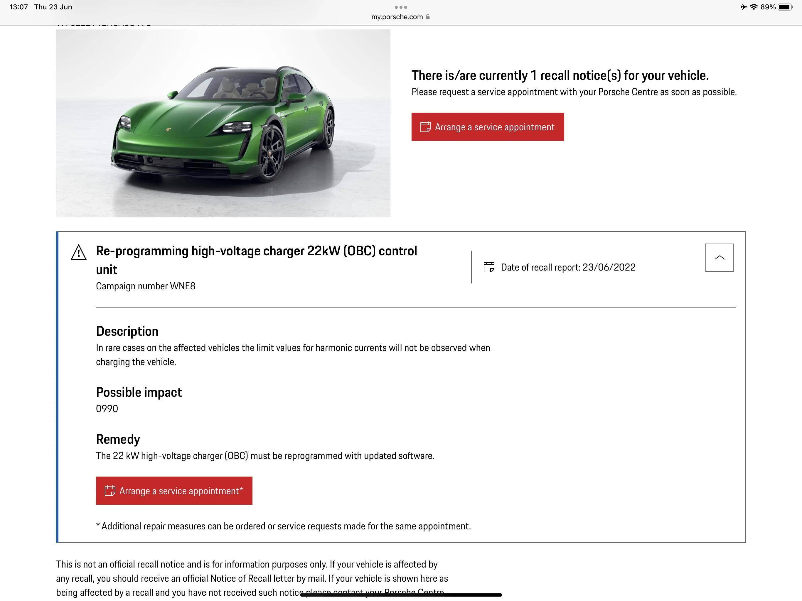 Porsche Taycan WNE8 Recall presumably fixes 22kw issue when using single phase EVSE C85D7CA7-6FA0-4AD6-9568-3CC850BFF9F5