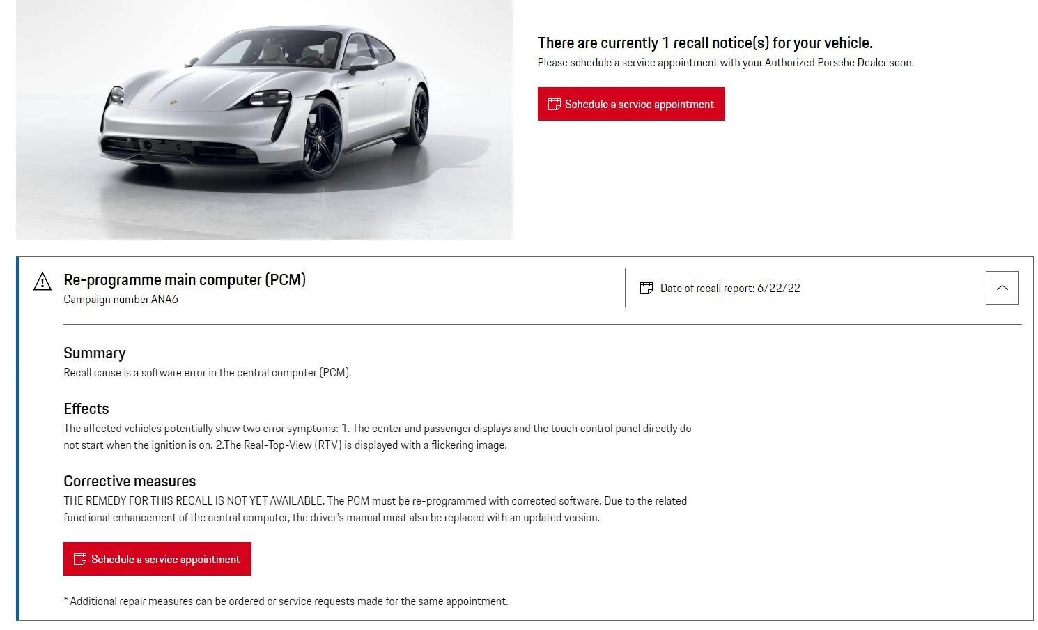 Porsche Taycan ANA 6 recall : dealers not able to apply? 1657561133102