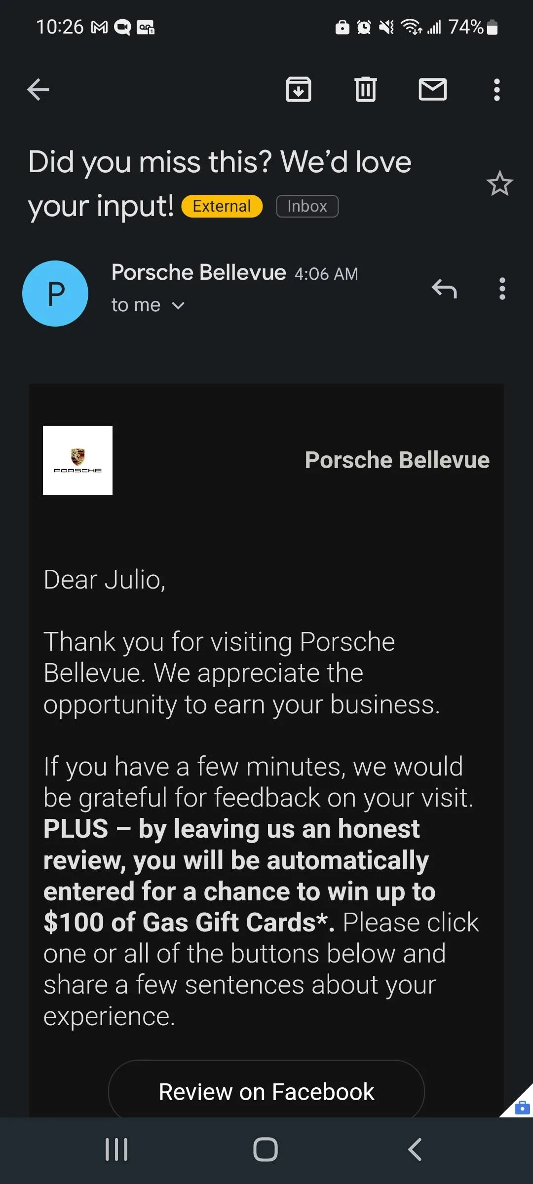 Porsche Taycan Funny email from dealer after service Screenshot_20220717-222603_Gmail