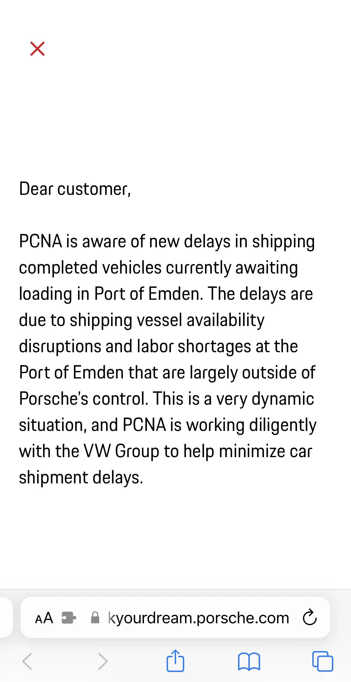 Porsche Taycan New message from PCNA regarding shipping delays BD3D0A98-35B2-4AC1-B877-CE36AFF2DACD