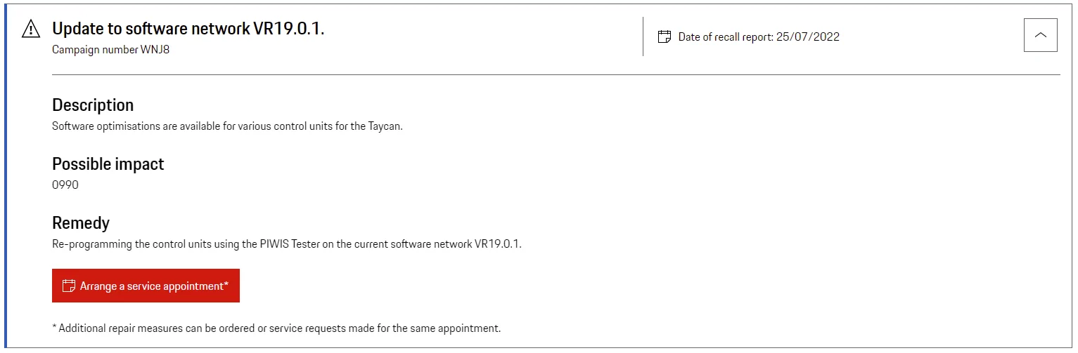 Porsche Taycan Update to software network VR19.0.1. Campaign number WNJ8 (UK) 1658748474549