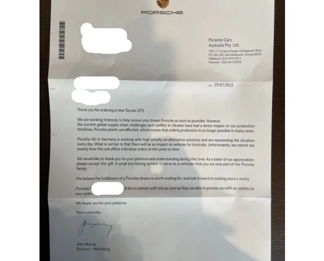 Porsche Taycan Supply status letter and gift PorscheLetterEdit