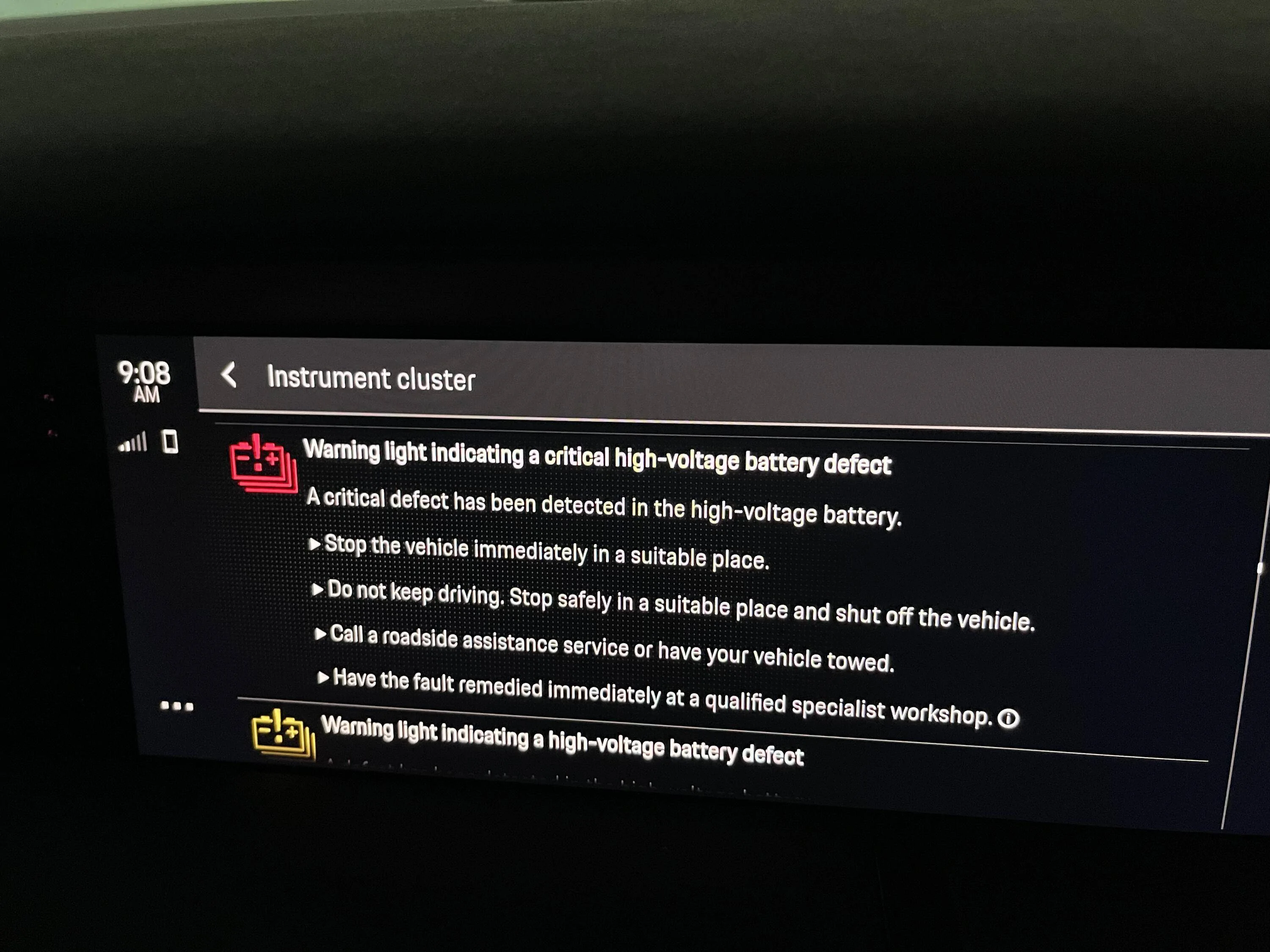 Porsche Taycan Electrical system error --  dashboard notification  --  anyone else experience this?  --  resolution  -  defective 12v battery tempImageaKBrVY