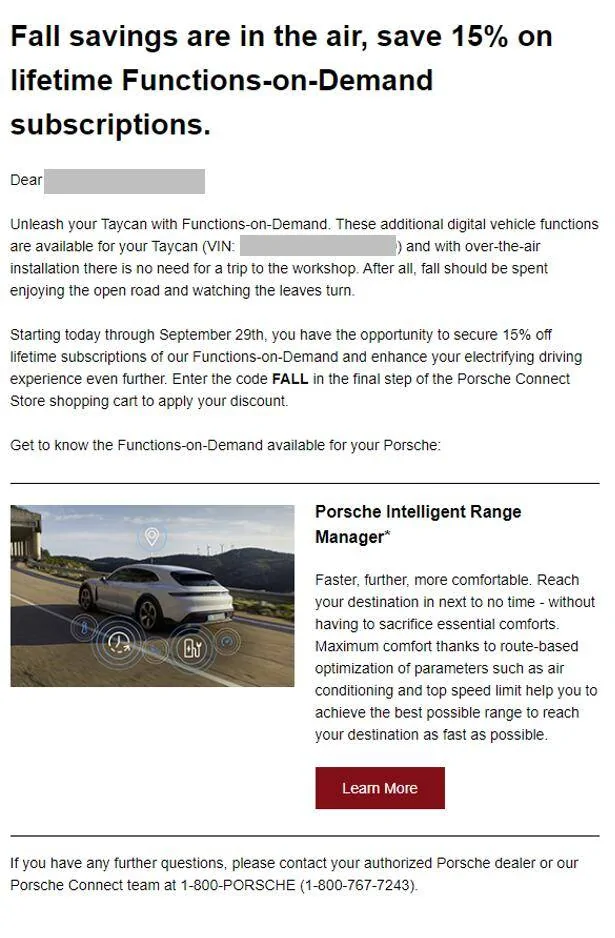 Porsche Taycan 15% off Function on Demand until September 29, 2022 1663906520542