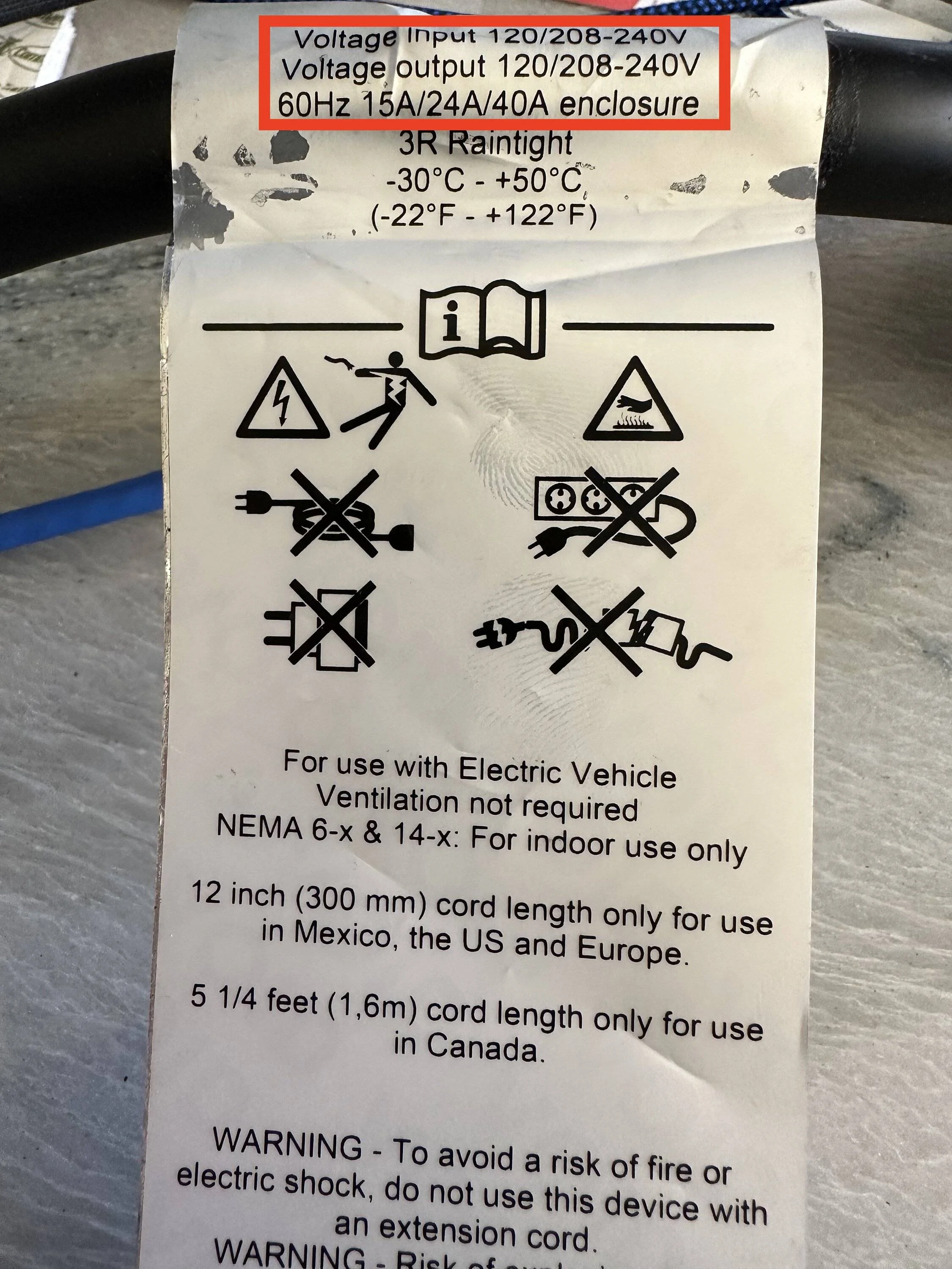 Porsche Taycan NEMA 14-50 Supply cable heat data IMG_0361