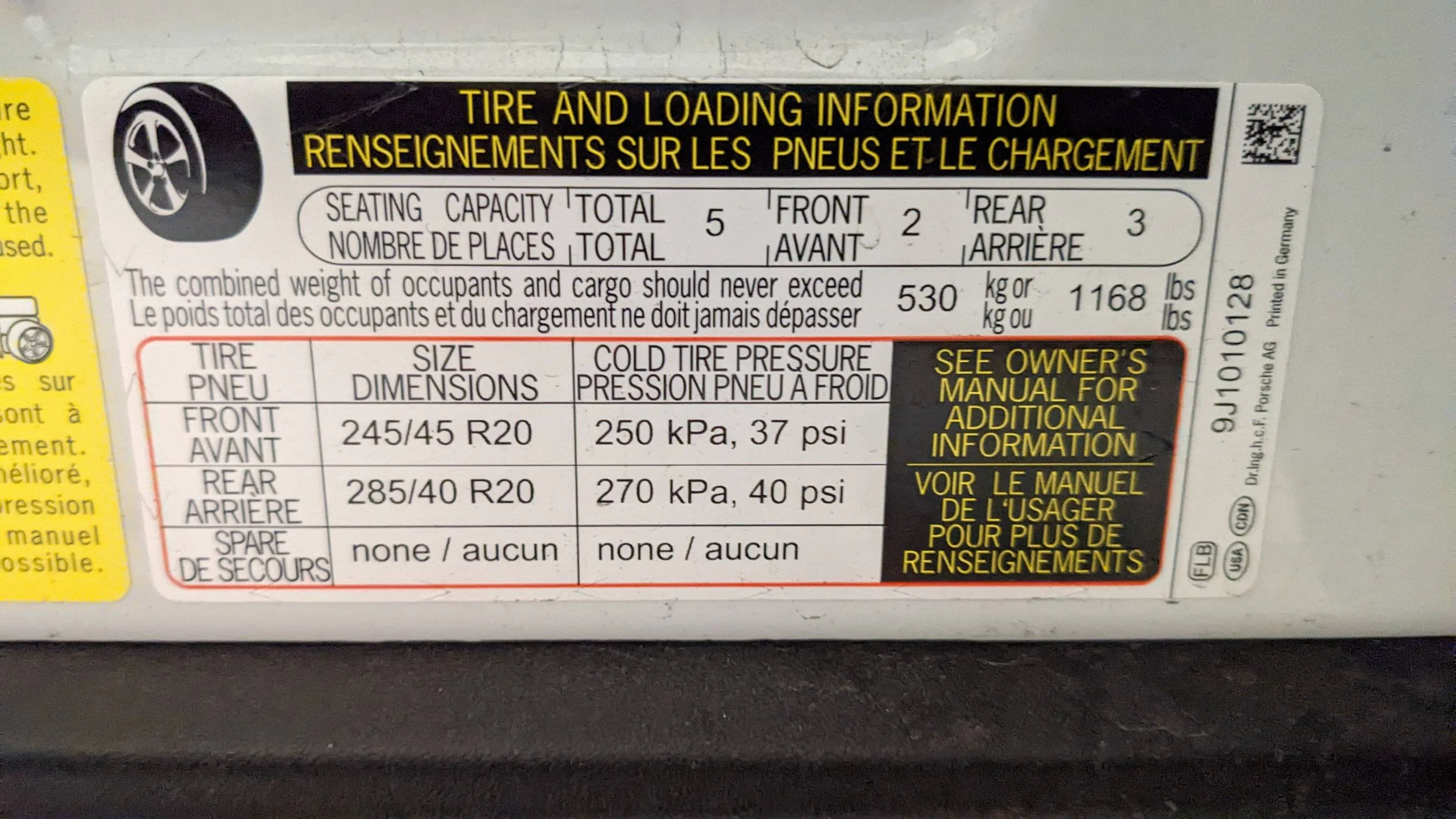 Porsche Taycan Correct recommended tire pressure for original Continental 20-inch all-season tires? PXL_20221004_232807130