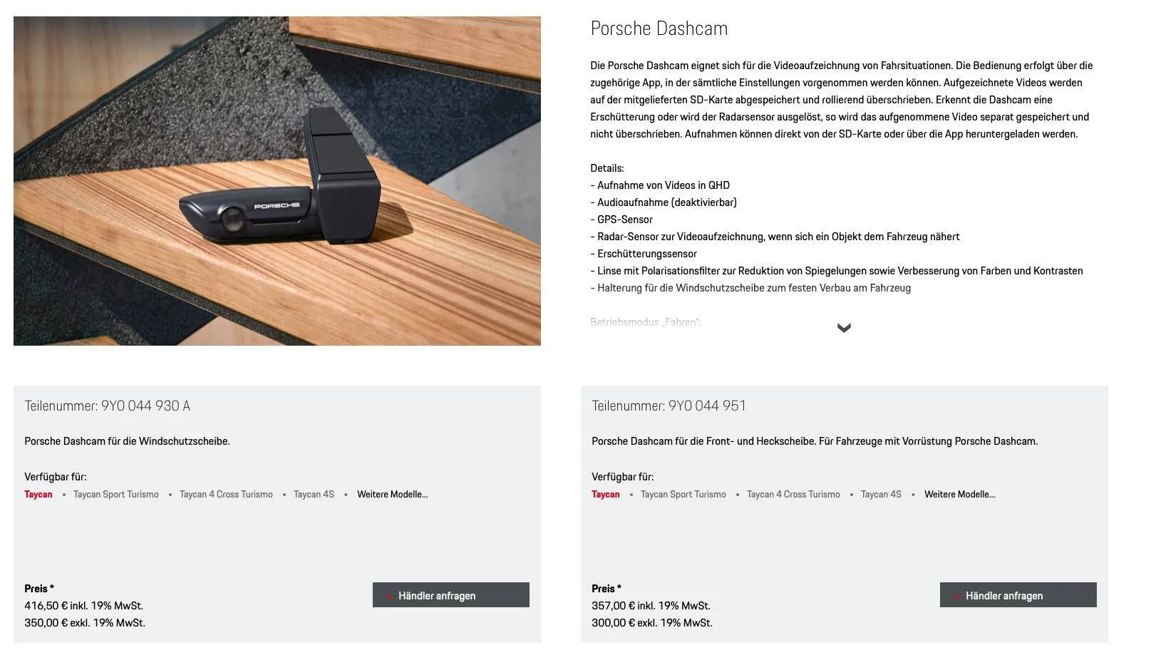 Porsche Taycan Front and rear dashcam preparation option Schermafbeelding 2022-12-02 om 14.40.30