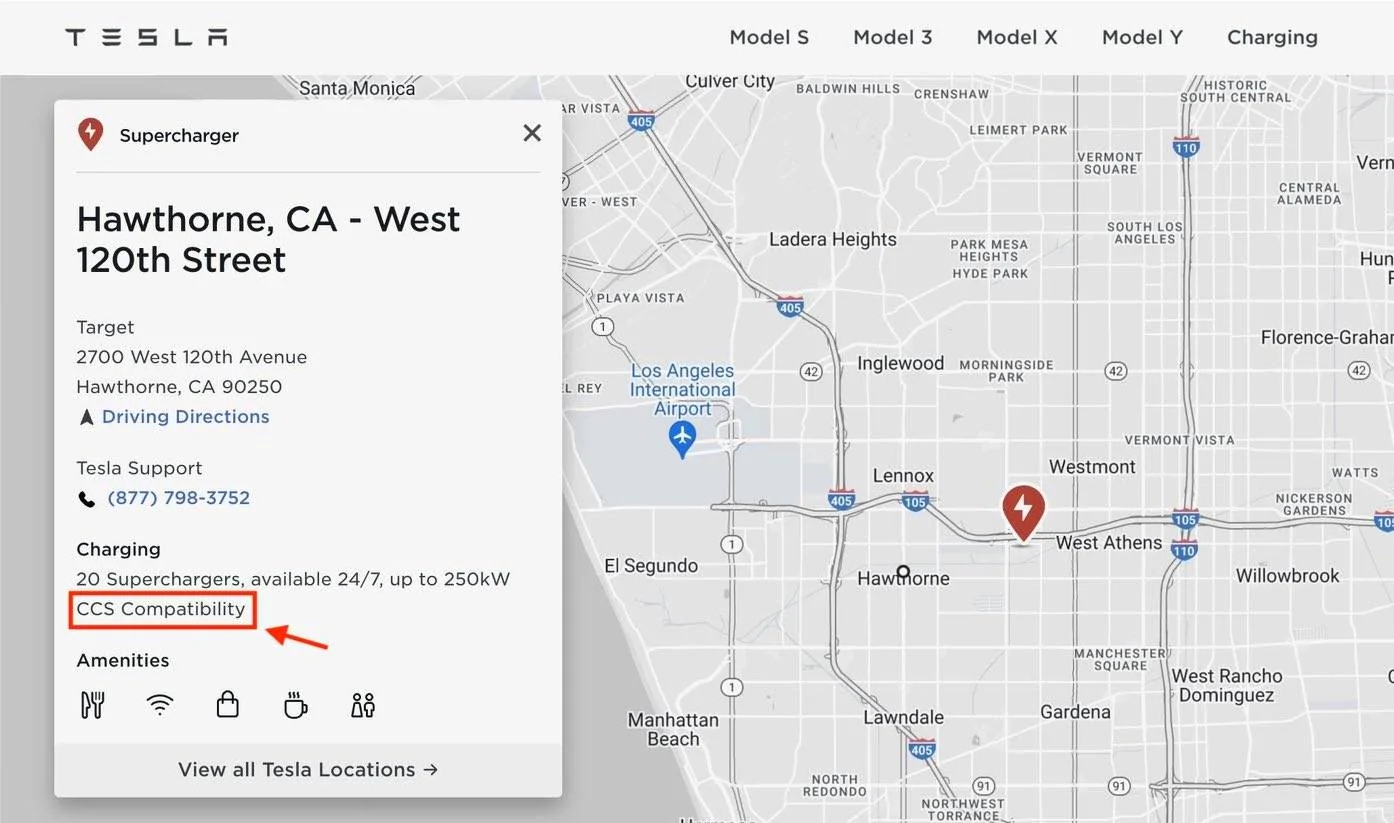 Porsche Taycan First U.S. Tesla Supercharger Location With Universal "Magic Dock" CCS Compatible Plug Potentially Discovered hawthorne-supercharger-ccs-jpg
