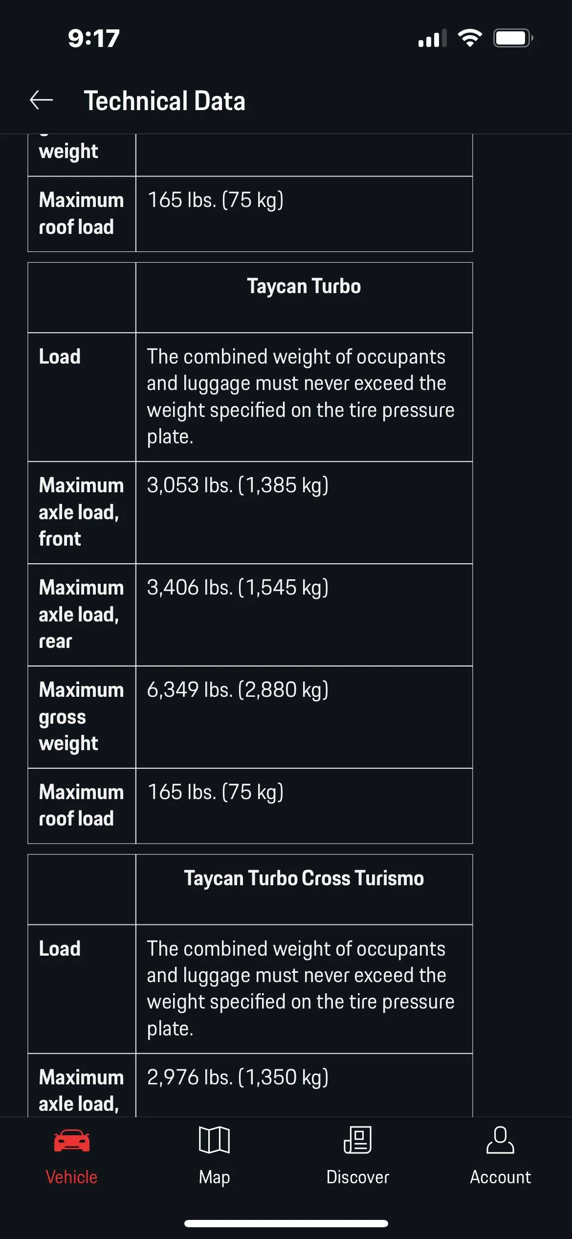 Porsche Taycan Technical data missing from manual in My Porsche app IMG_0188