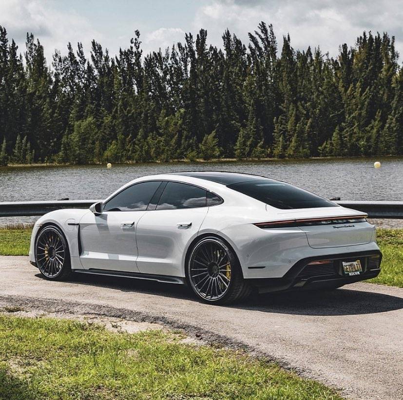 Porsche Taycan CARRARA WHITE Taycan Club Taycan Vossen Aftermarket Wheels Lowerering Llinks Lowered Suspension