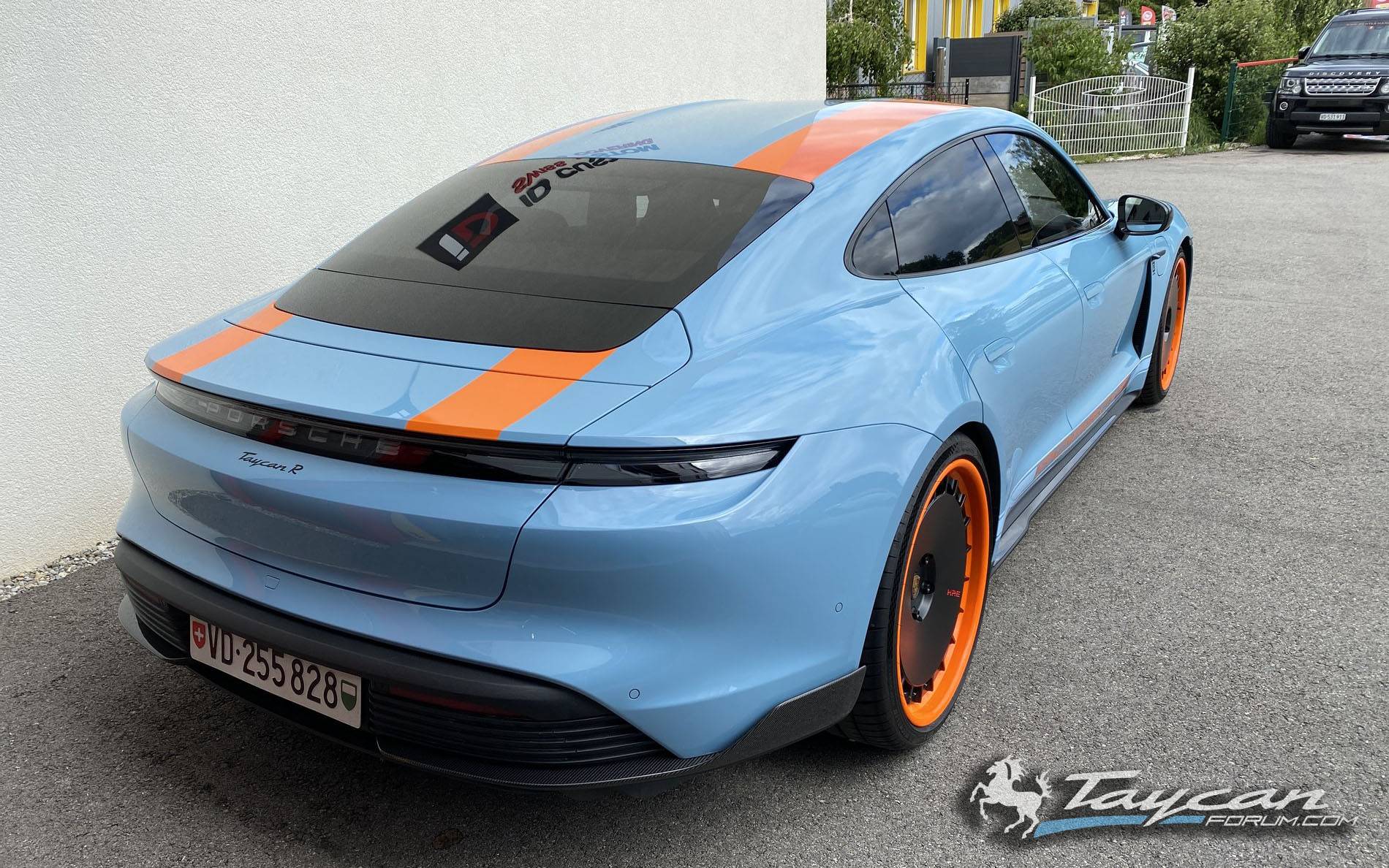 Porsche Taycan Aftermarket wheels for Taycan wrapped-taycan-r-gulf-livery-hre-wheels-5-