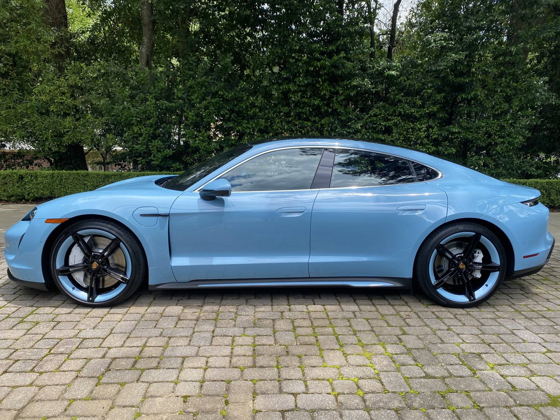 Porsche Taycan Frozen Blue Taycan, with matching Mission-E wheels and side skirt 3E332456-A79C-4377-BA60-D792D84A6894