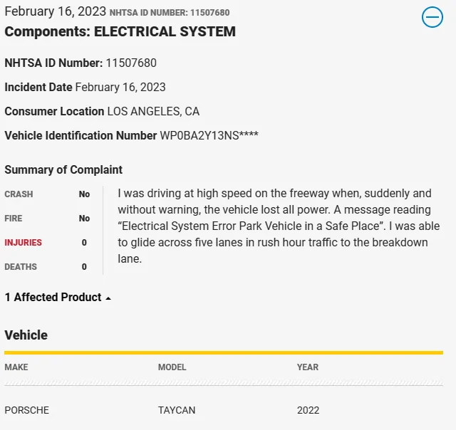 Porsche Taycan Electrical system error - lost power on freeway - NHTSA Complaint Feb 16 2023 1676631493841