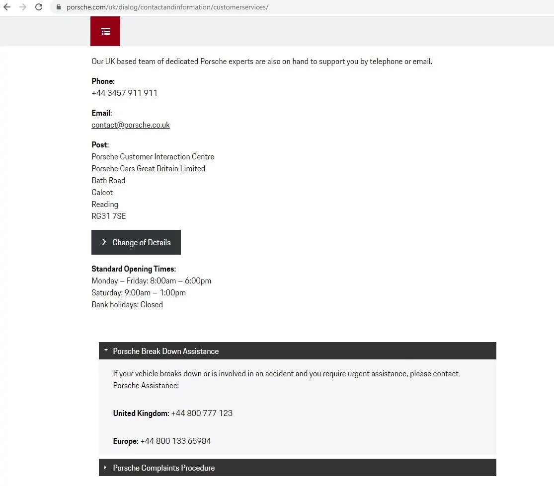 Porsche Taycan Roadside Assistance Screenshot 2023-02-28 115805