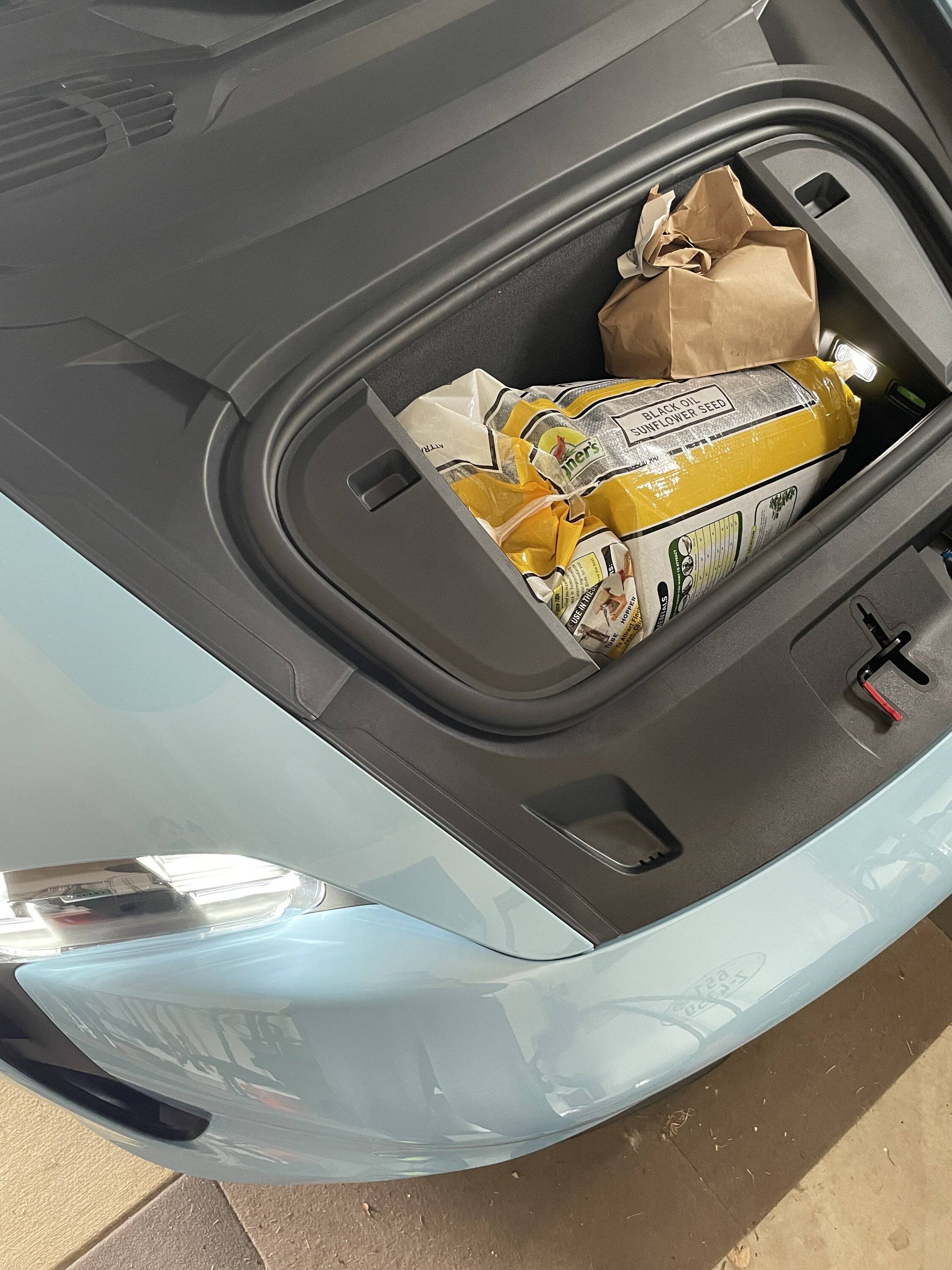 Porsche Taycan Odd frunk contents?!? frunkbirdseed.JPG