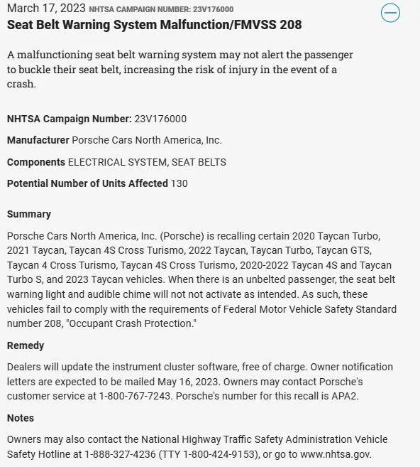 Porsche Taycan Recall - Seat Belt Warning System Malfunction (APA2) - March 17, 2023 (Covers 2020-2023 Taycans) 1680272621188