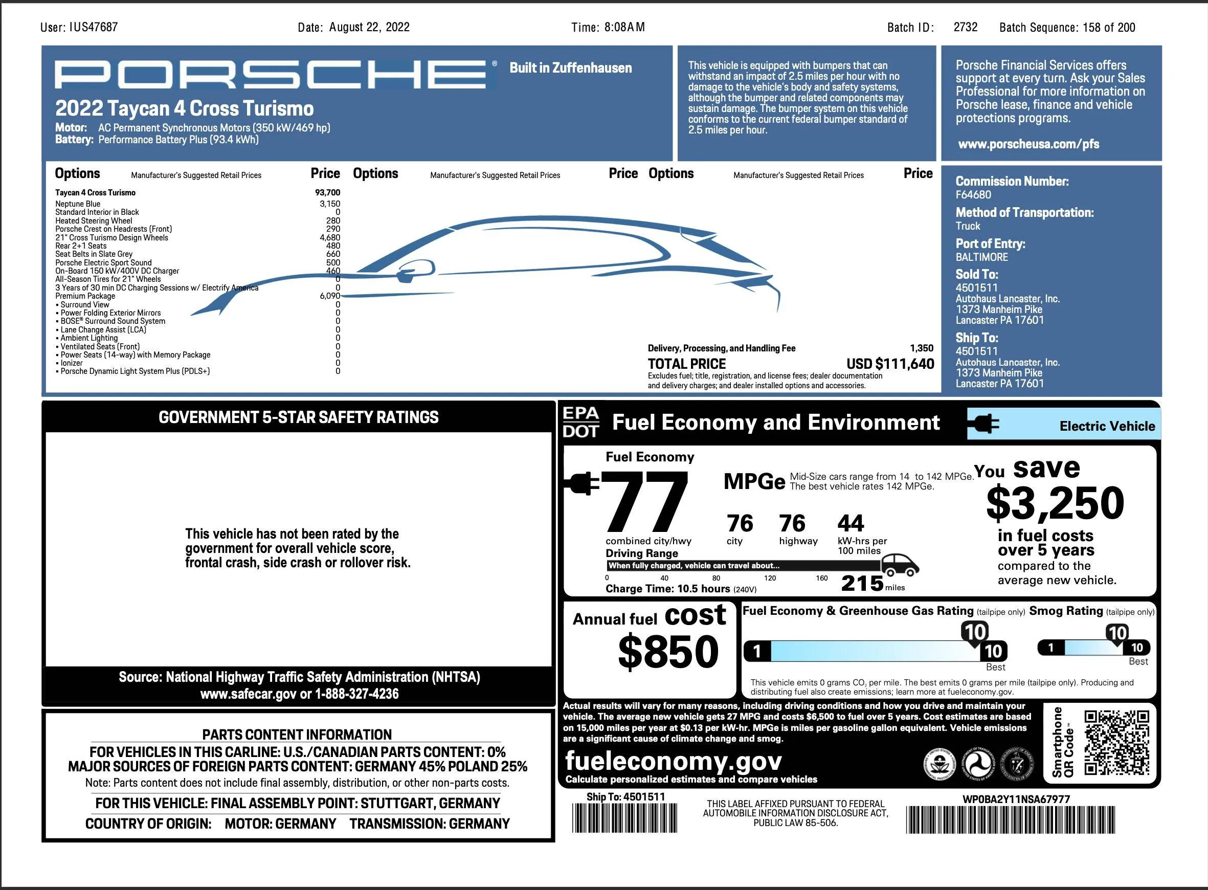 Porsche Taycan SOLD: 2022 Neptune Blue Taycan CT4 Taycan_window_sticker