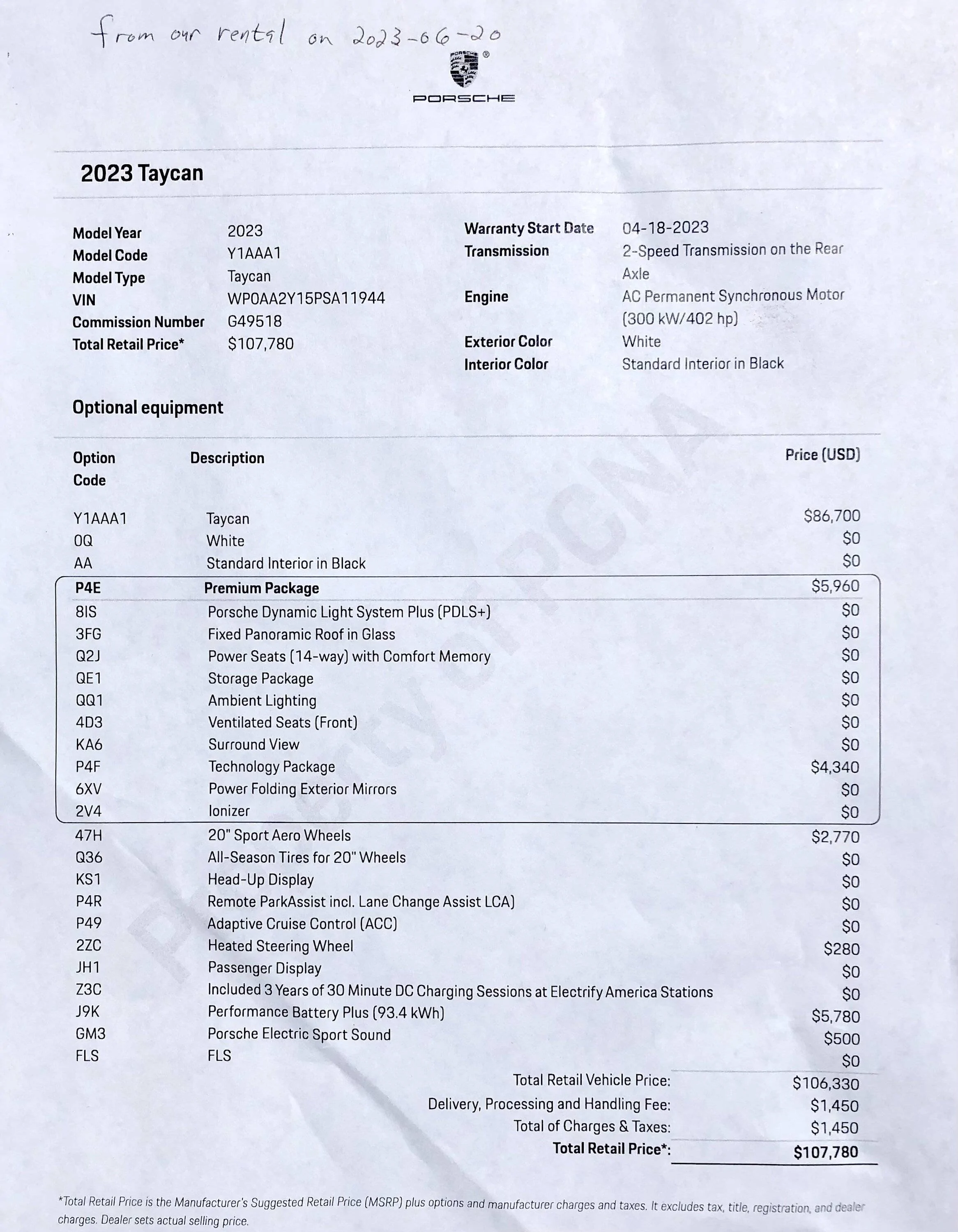 Porsche Taycan My experiences renting a Taycan via Porsche Drive TaycanRentalSpecSheetAdjusted