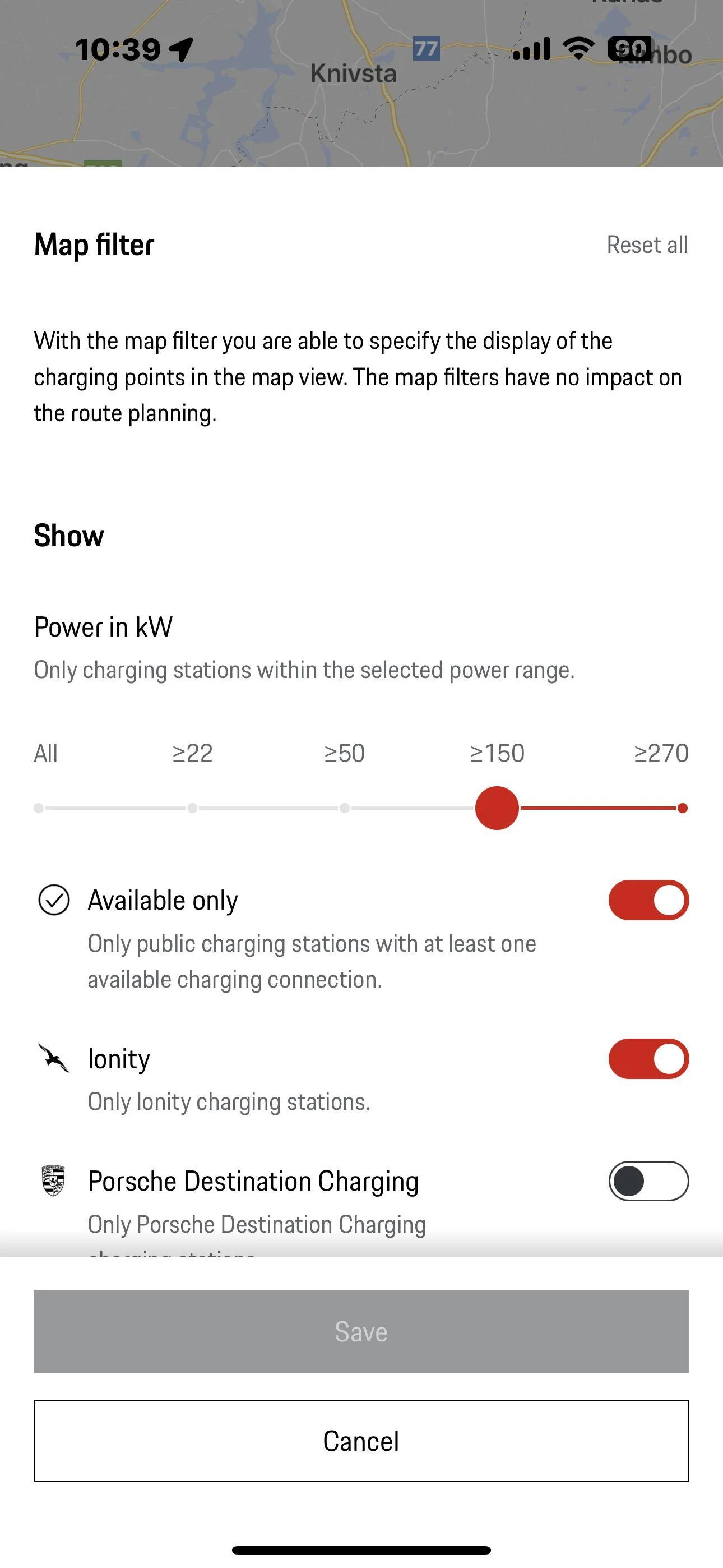 Porsche Taycan MyPorsche App shows only EA charging stations IMG_0651