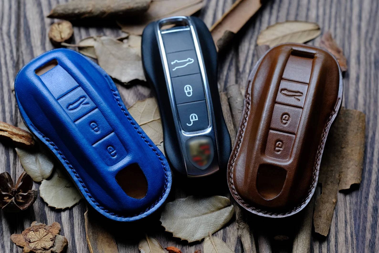 Porsche Taycan SOLD: Handmade Black Leather Key Fob case for Porsche 3-button key keycases