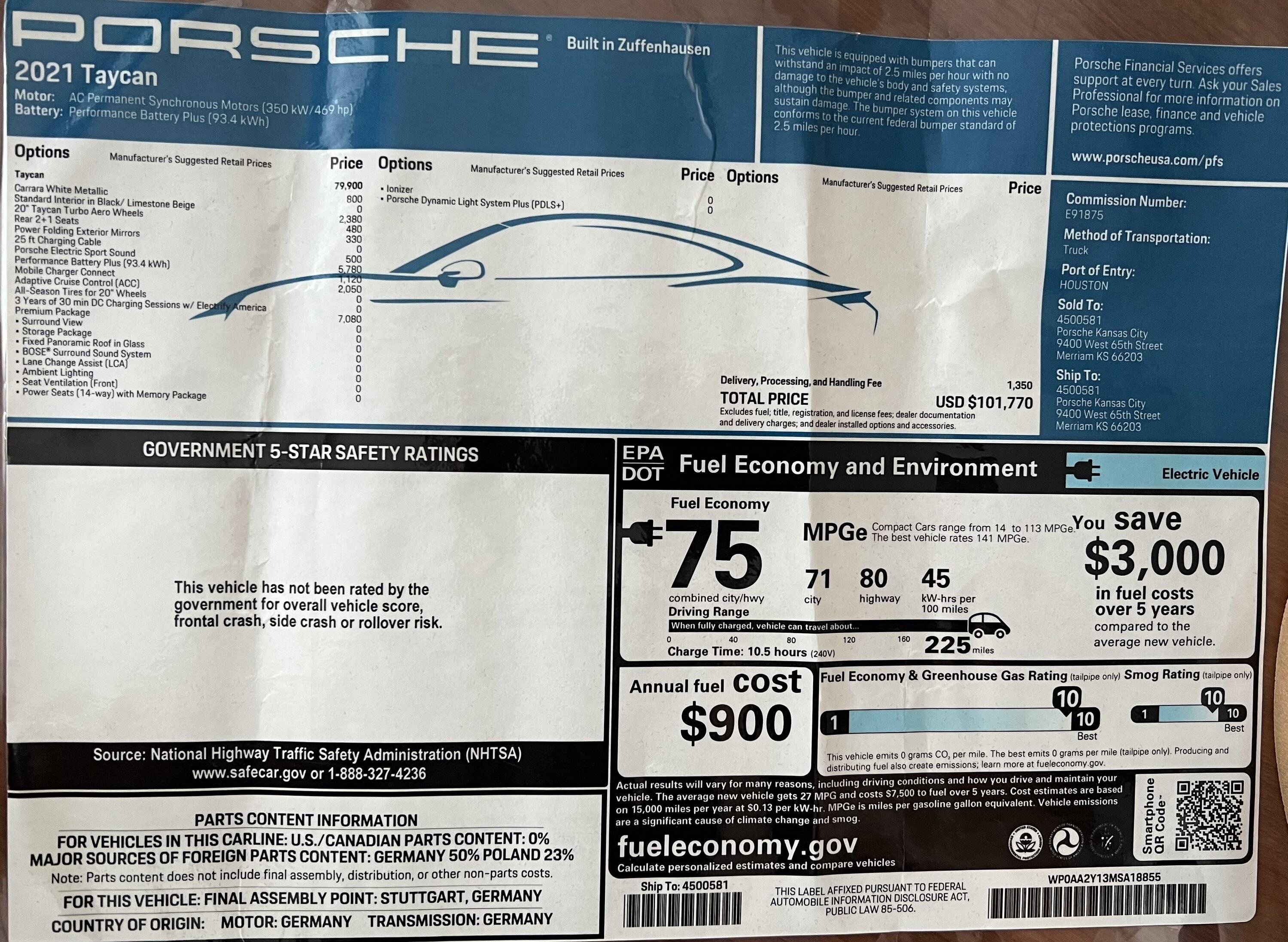 Porsche Taycan Excellent Condition Low Miles 2021 Taycan Base with Performance Battery +.  Asking $84,949. window sticker