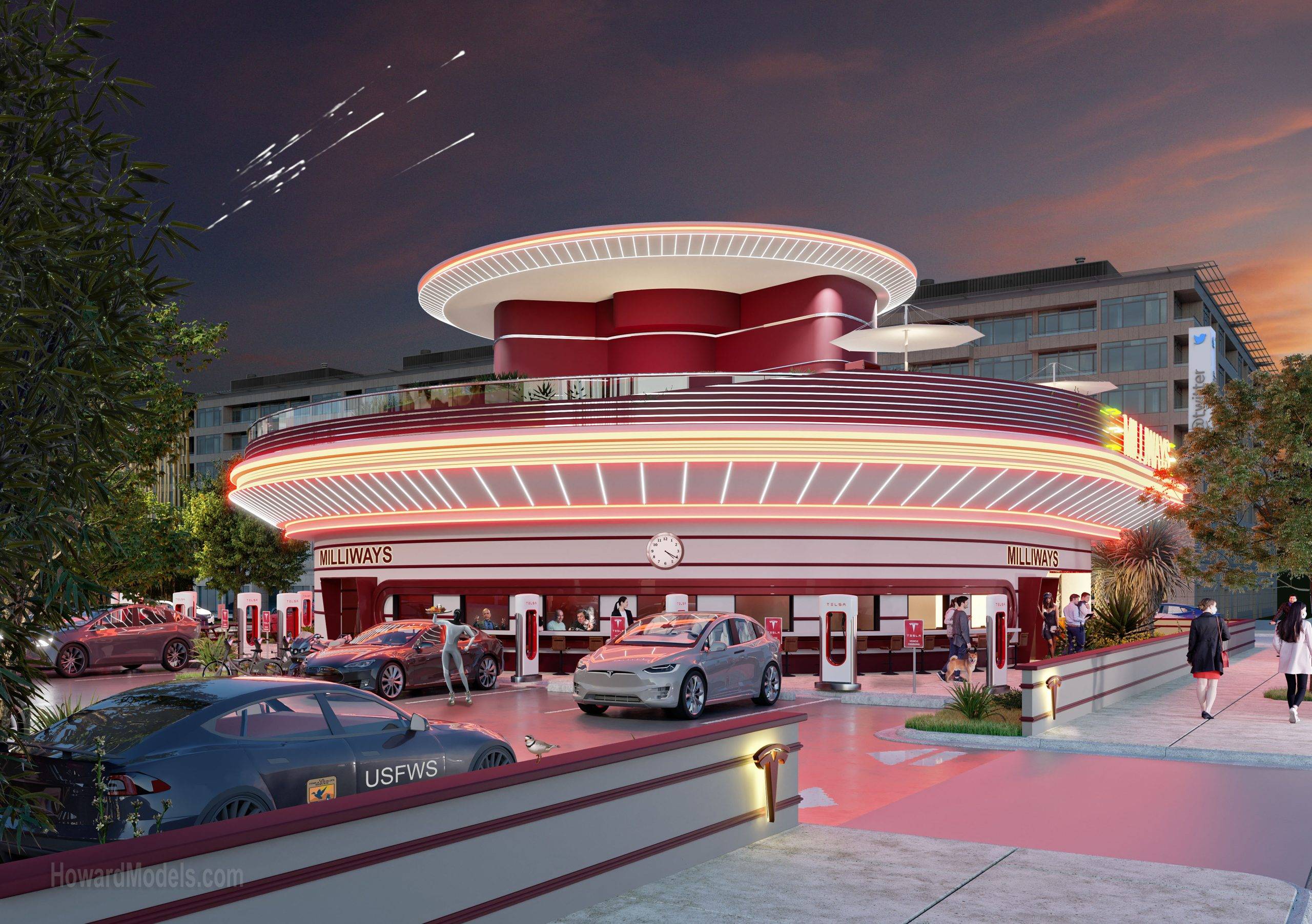 Porsche Taycan First Porsche Charging Lounge opens in Germany Tesla-Diner-HowardModels-scaled