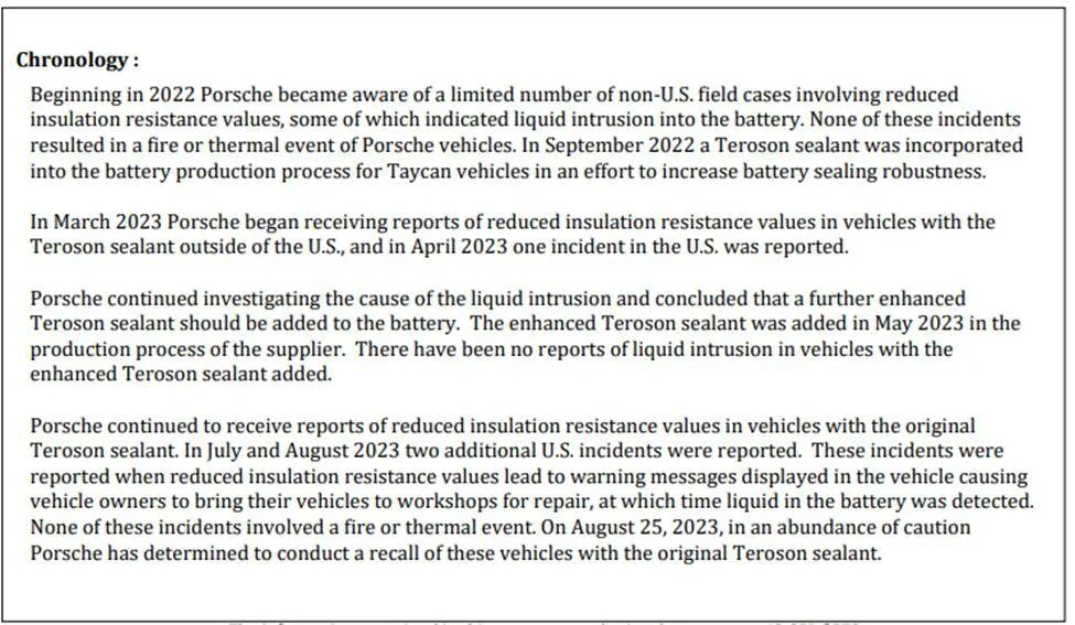 Porsche Taycan Recall (9/1/23): Insufficient Sealant Causing High-Voltage Battery Leak on 2023 Taycans APB2 (4,777 Units Affected) 1694528675764