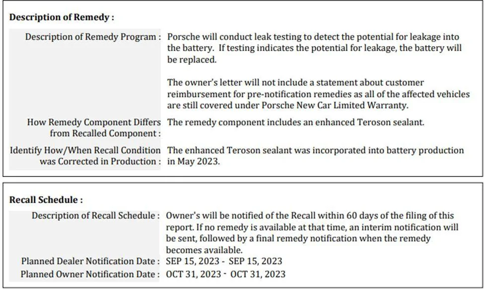 Porsche Taycan Recall (9/1/23): Insufficient Sealant Causing High-Voltage Battery Leak on 2023 Taycans APB2 (4,777 Units Affected) 1694528719445