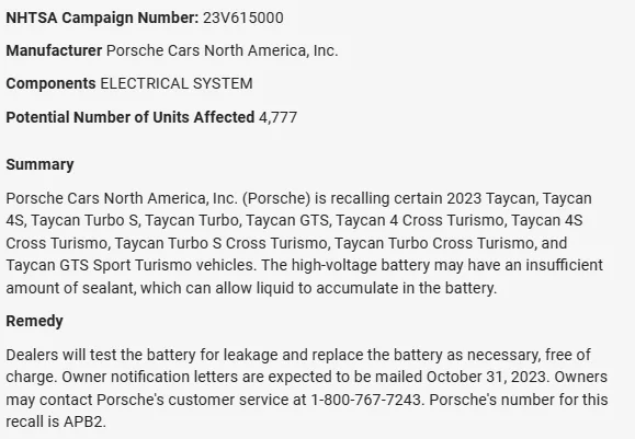 Porsche Taycan Recall (9/1/23): Insufficient Sealant Causing High-Voltage Battery Leak on 2023 Taycans APB2 (4,777 Units Affected) 1694528879854