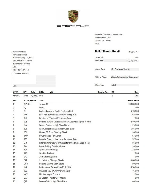 Porsche Taycan 2021 Taycan allocations now available in the US Taycan Build Sheet 1